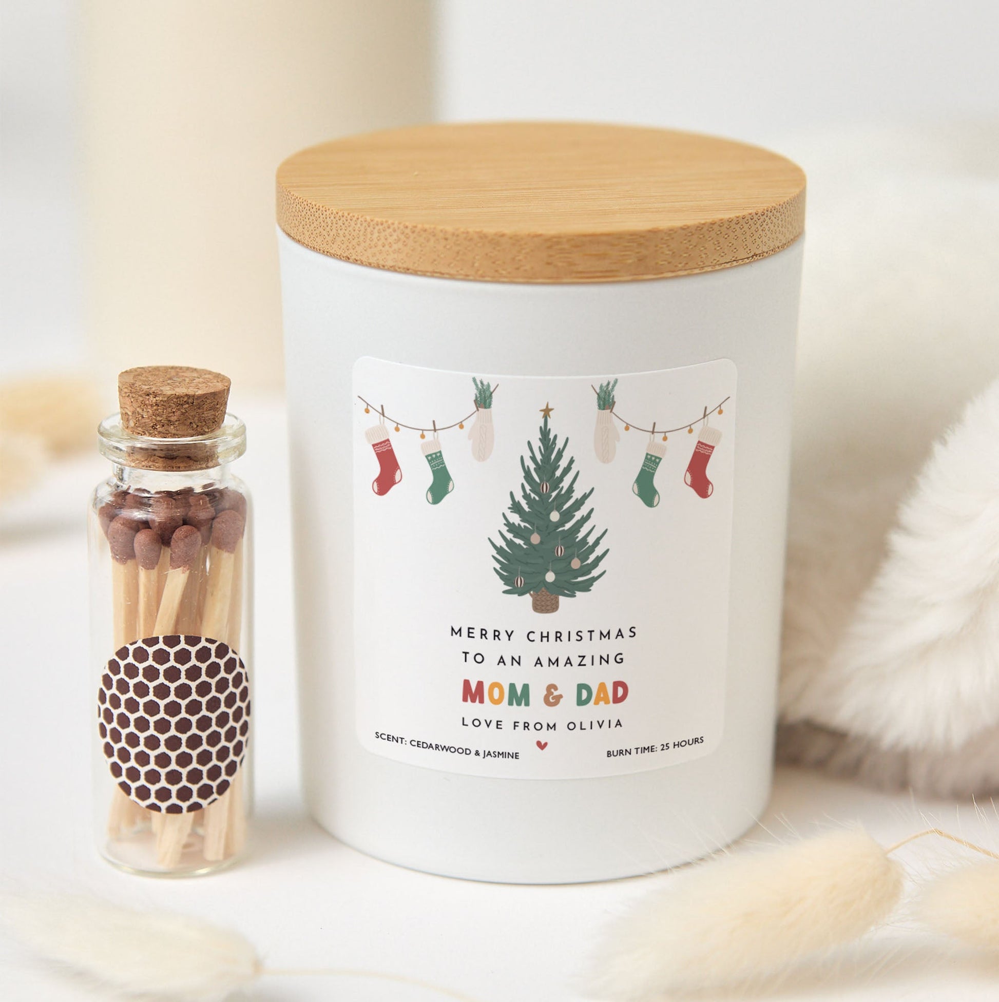Personalized Christmas Candle for Mom & Dad | Custom Soy Wax Xmas Candle Gift with Matches | Holiday Gift for Parents