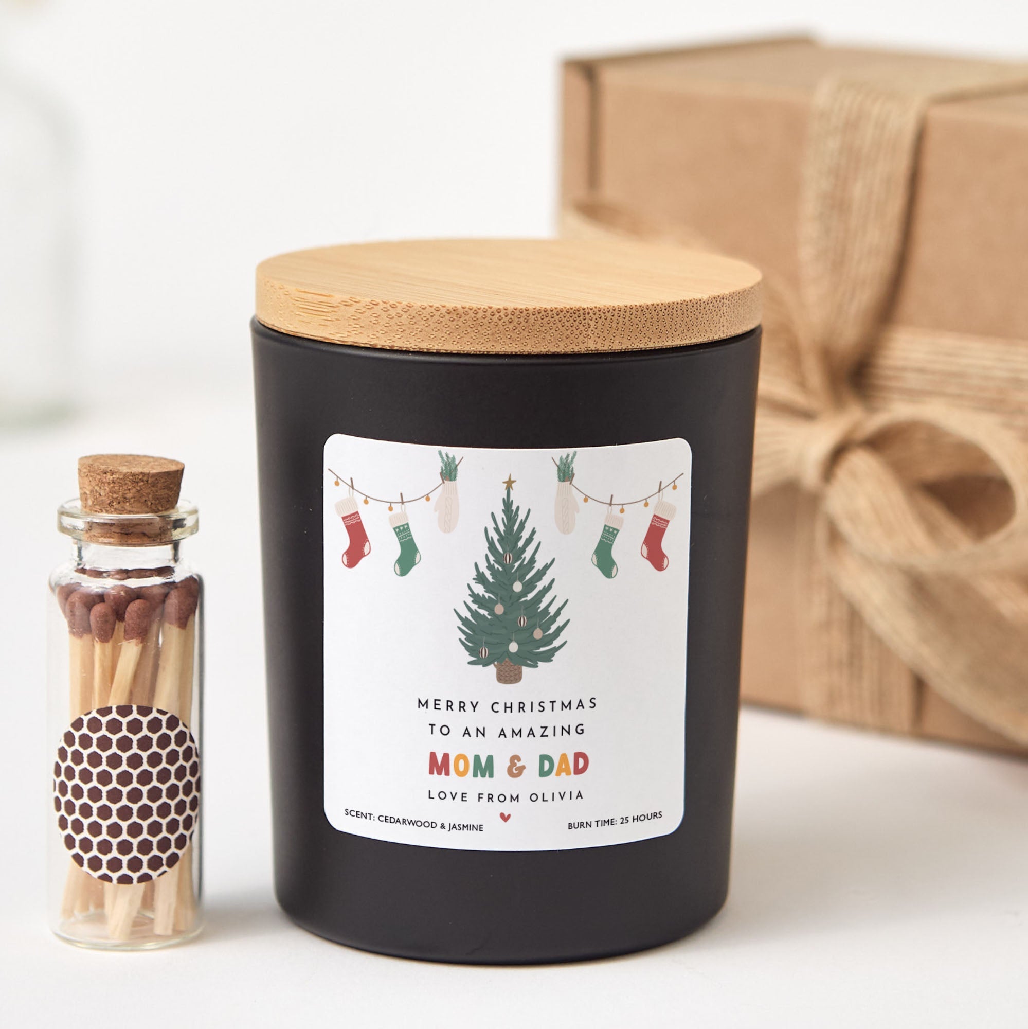 Personalized Christmas Candle for Mom & Dad | Custom Soy Wax Xmas Candle Gift with Matches | Holiday Gift for Parents