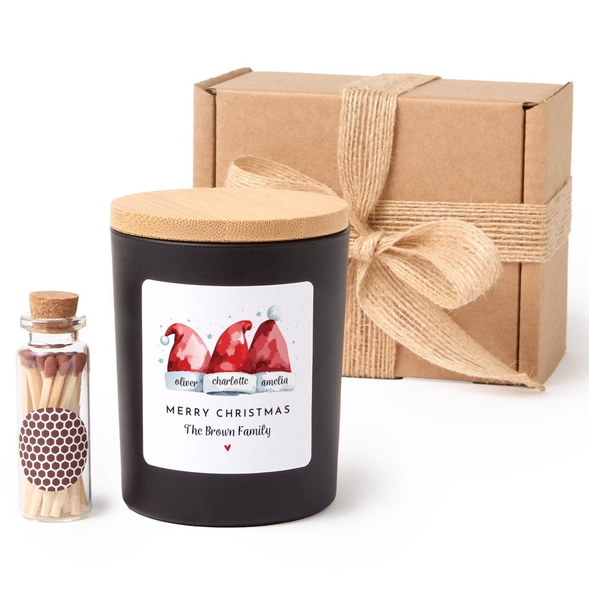 Personalized Christmas Gnome Candle, Custom Family Name Holiday Gift, Black Jar with Bamboo Lid, Matches and Gift Box