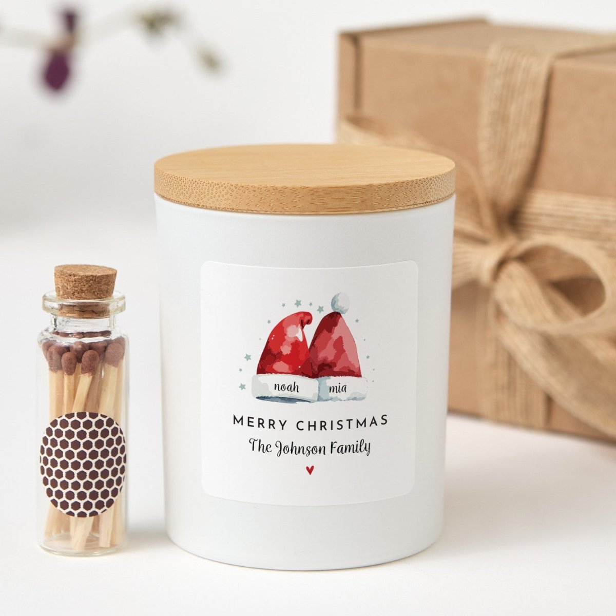 Personalized Christmas Gnome Candle, Custom Family Name Holiday Gift, Black Jar with Bamboo Lid, Matches and Gift Box
