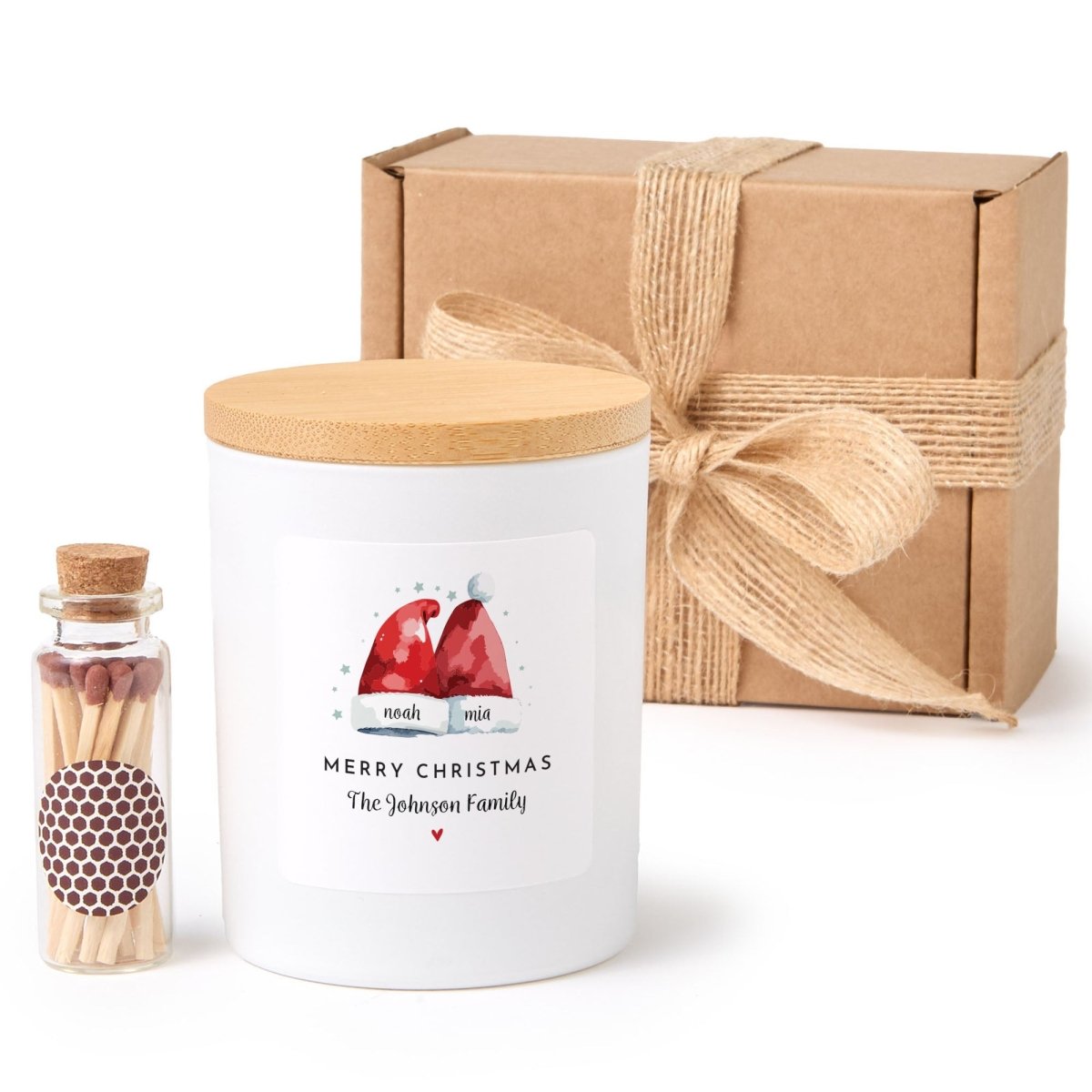 Personalized Christmas Gnome Candle, Custom Family Name Holiday Gift, Black Jar with Bamboo Lid, Matches and Gift Box