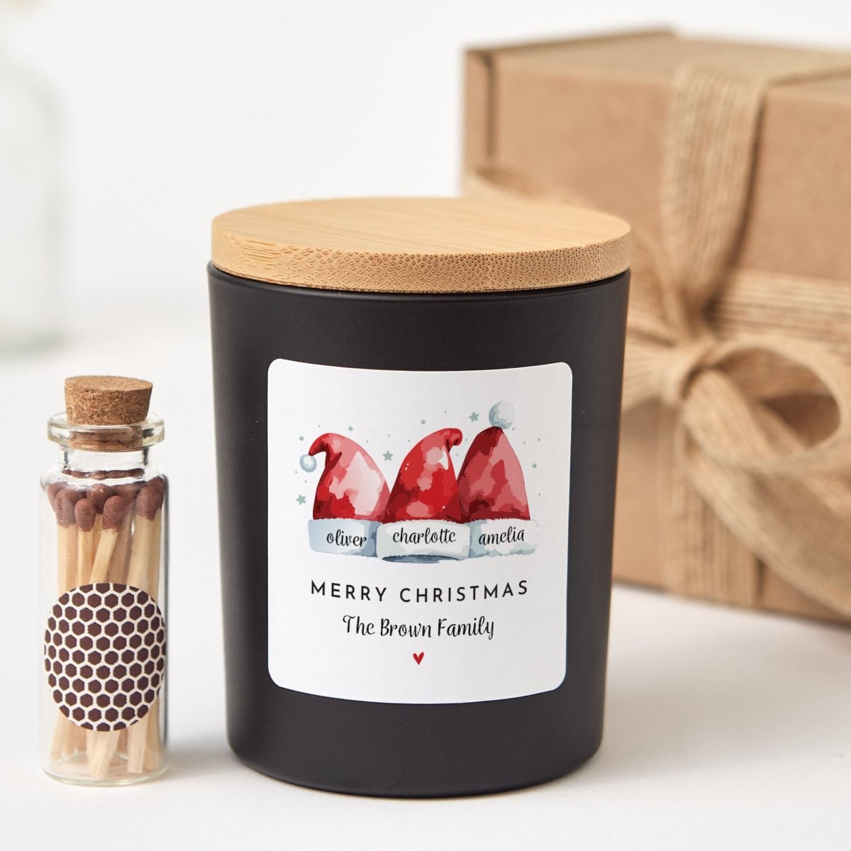 Personalized Christmas Gnome Candle, Custom Family Name Holiday Gift, Black Jar with Bamboo Lid, Matches and Gift Box
