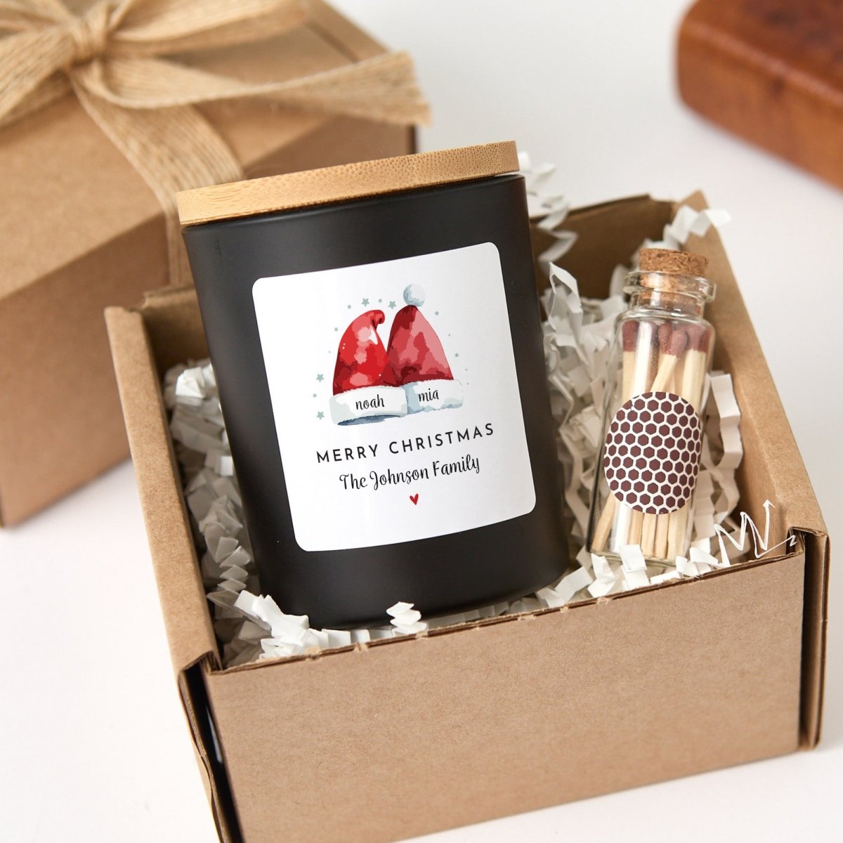 Personalized Christmas Gnome Candle, Custom Family Name Holiday Gift, Black Jar with Bamboo Lid, Matches and Gift Box