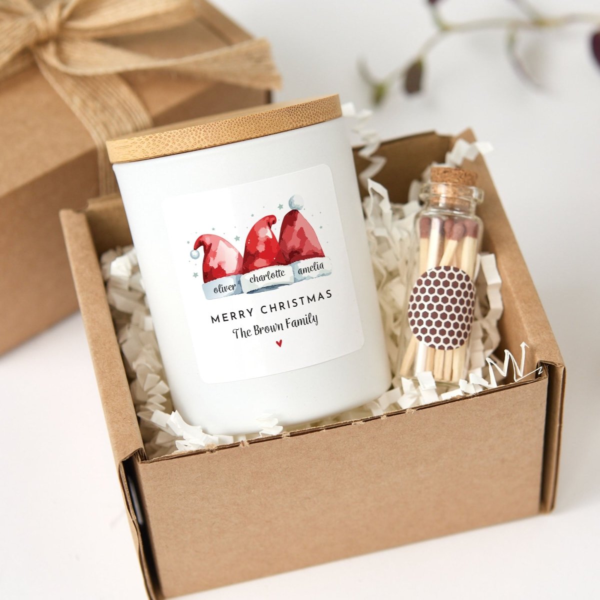 Personalized Christmas Gnome Candle, Custom Family Name Holiday Gift, Black Jar with Bamboo Lid, Matches and Gift Box