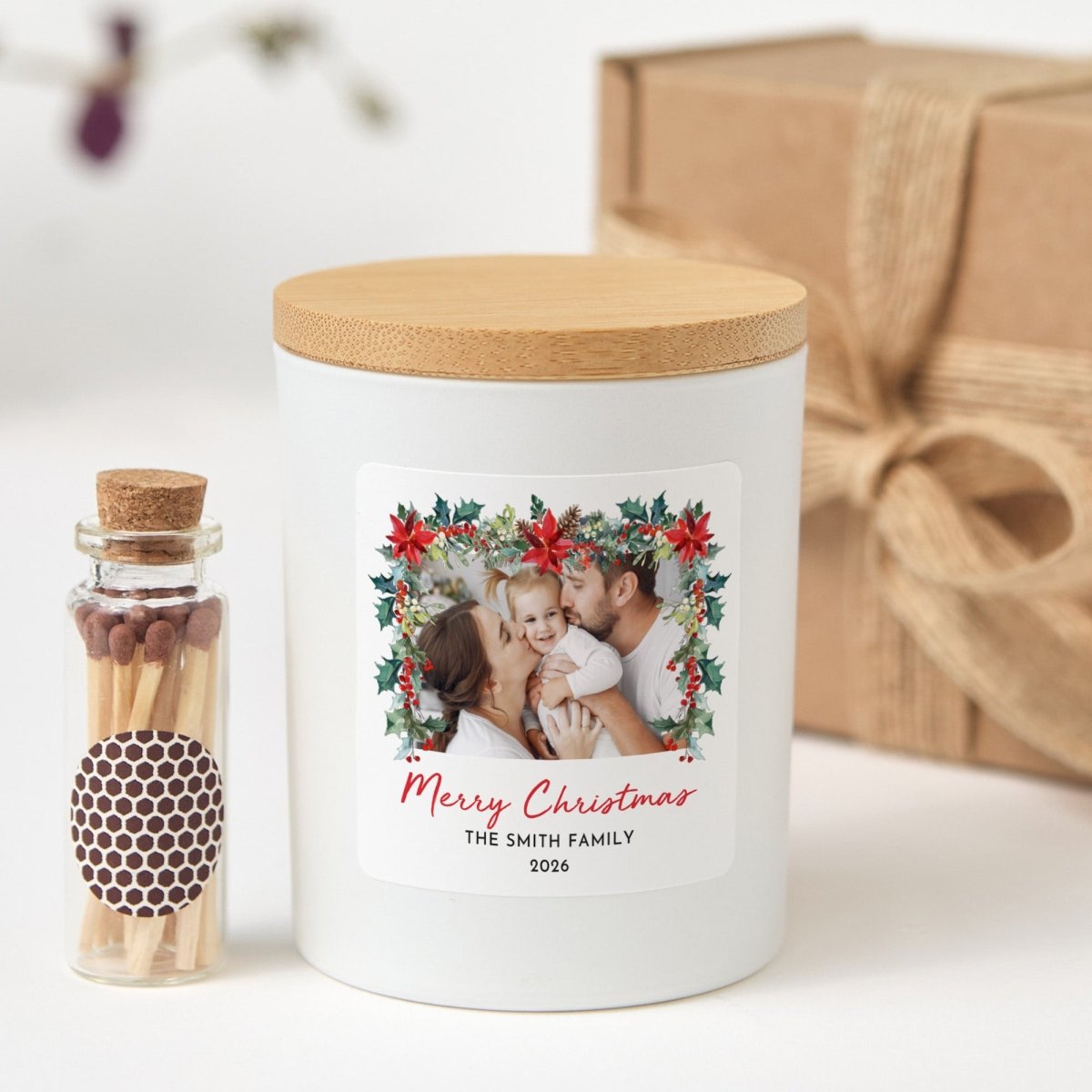 Personalized Christmas Photo Candle for Families, Merry Christmas 2026 Holiday Keepsake with Gift Box and Matches
