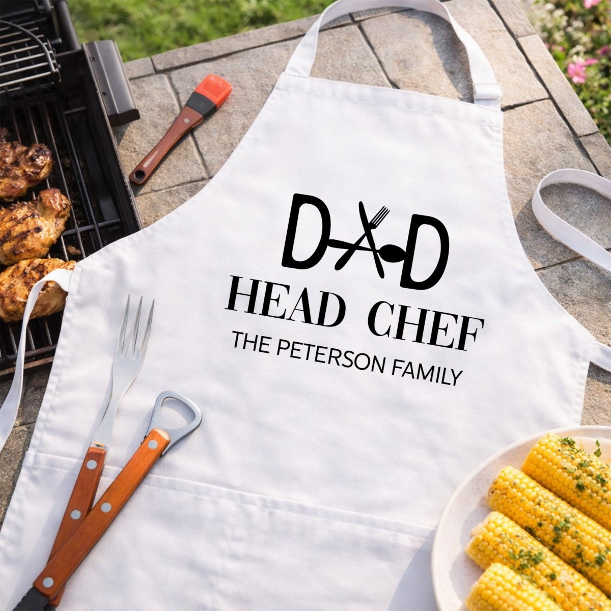 Personalized Dad Head Chef Apron, Gift for Dad, Custom BBQ Cooking Apron, Father’s Day Present with Family Name