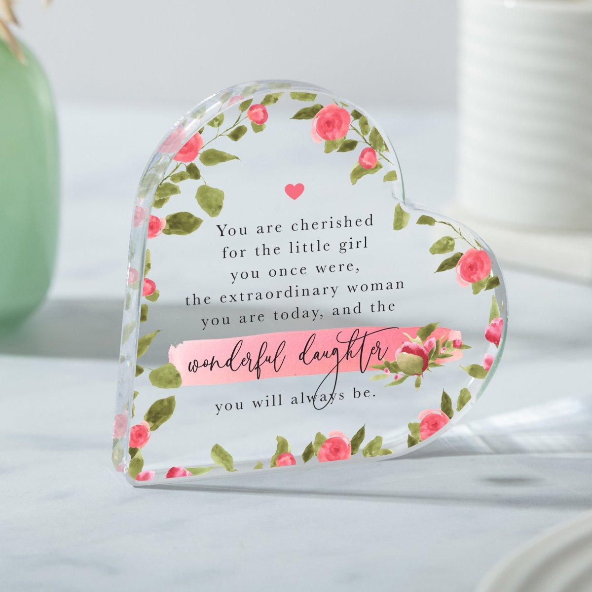 Personalized Daughter Floral Heart Keepsake, Acrylic Plaque with Inspirational Quote for Her