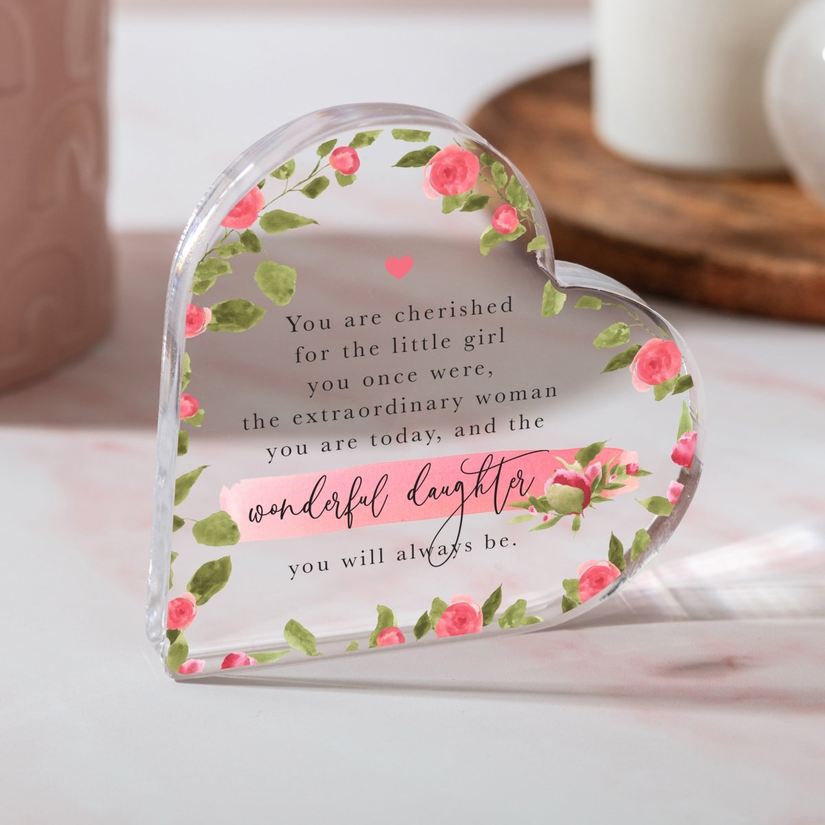 Personalized Daughter Floral Heart Keepsake, Acrylic Plaque with Inspirational Quote for Her