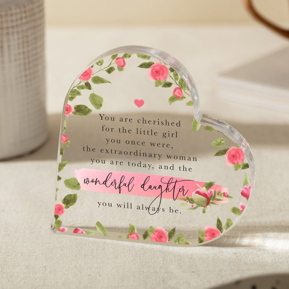 Personalized Daughter Floral Heart Keepsake, Acrylic Plaque with Inspirational Quote for Her
