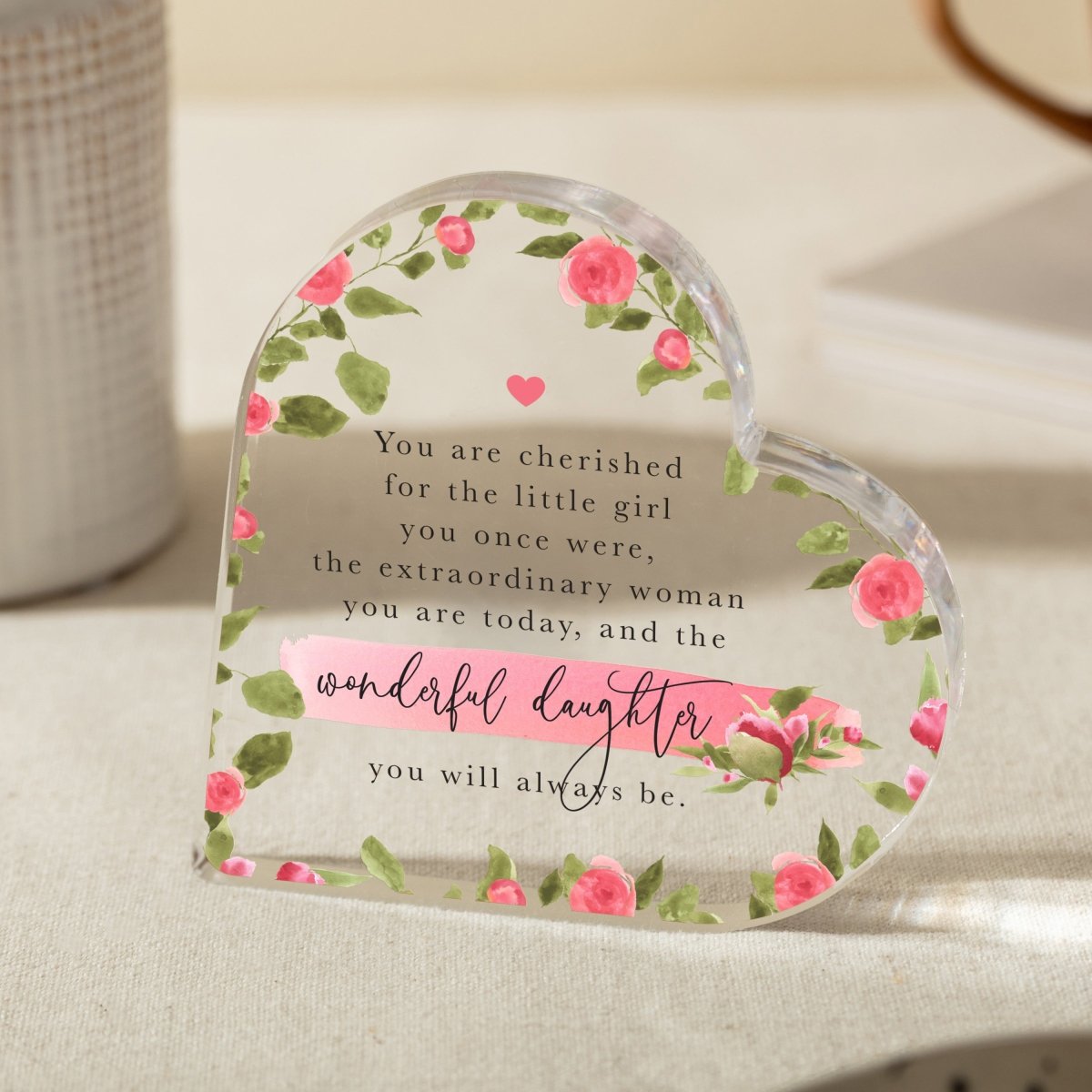 Personalized Daughter Floral Heart Keepsake, Acrylic Plaque with Inspirational Quote for Her