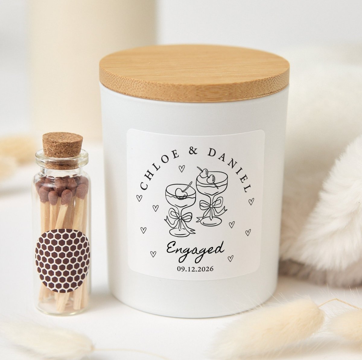 Personalized Engaged Candle for Couples, Champagne Glass Design, Engagement Keepsake with Gift Box and Matches