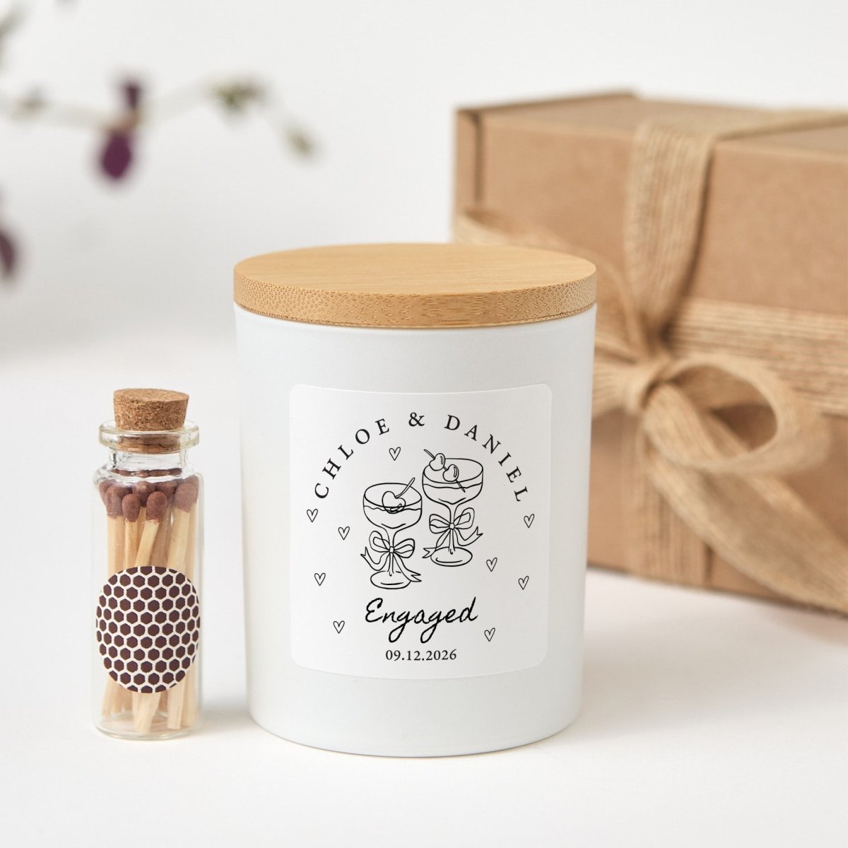 Personalized Engaged Candle for Couples, Champagne Glass Design, Engagement Keepsake with Gift Box and Matches