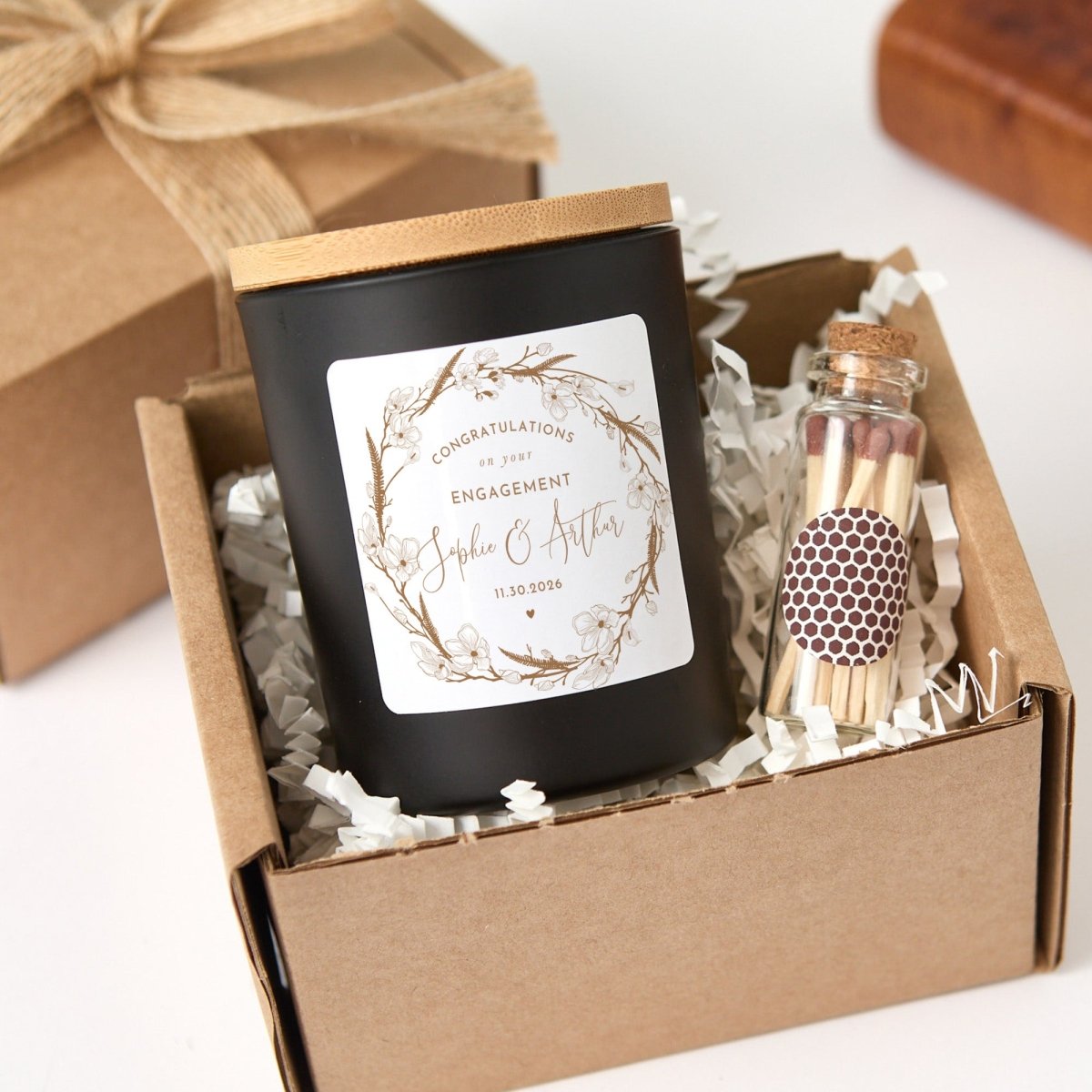 Personalized Engagement Candle Gift, Floral Couple Keepsake for Bridal Shower Proposal or Wedding Celebration