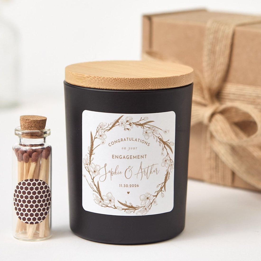 Personalized Engagement Candle Gift, Floral Couple Keepsake for Bridal Shower Proposal or Wedding Celebration