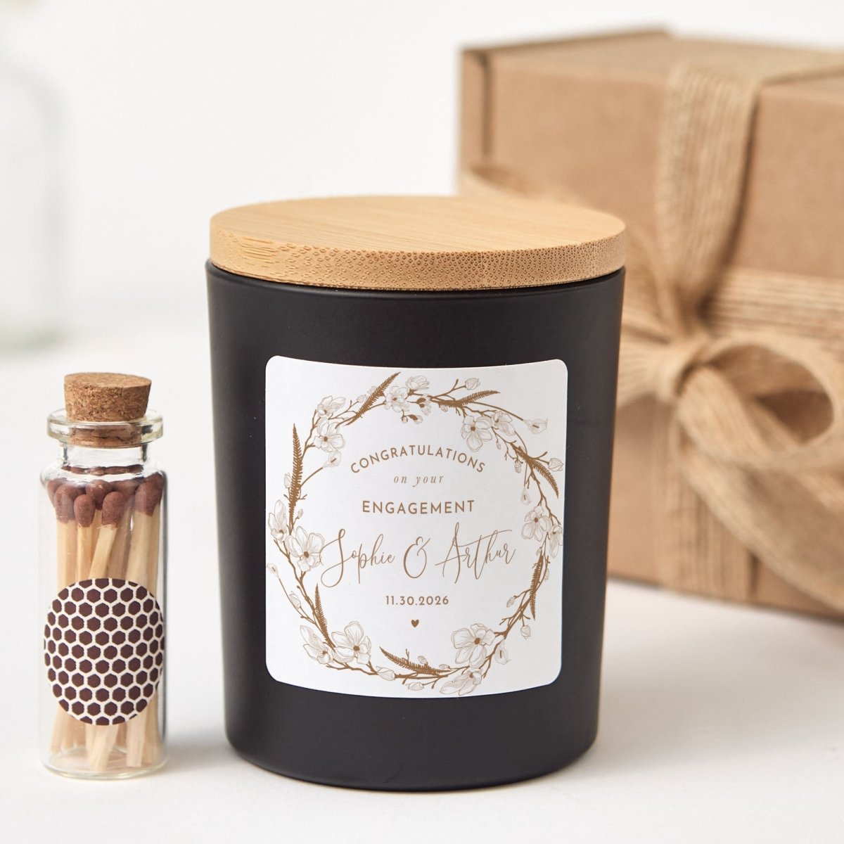 Personalized Engagement Candle Gift, Floral Couple Keepsake for Bridal Shower Proposal or Wedding Celebration