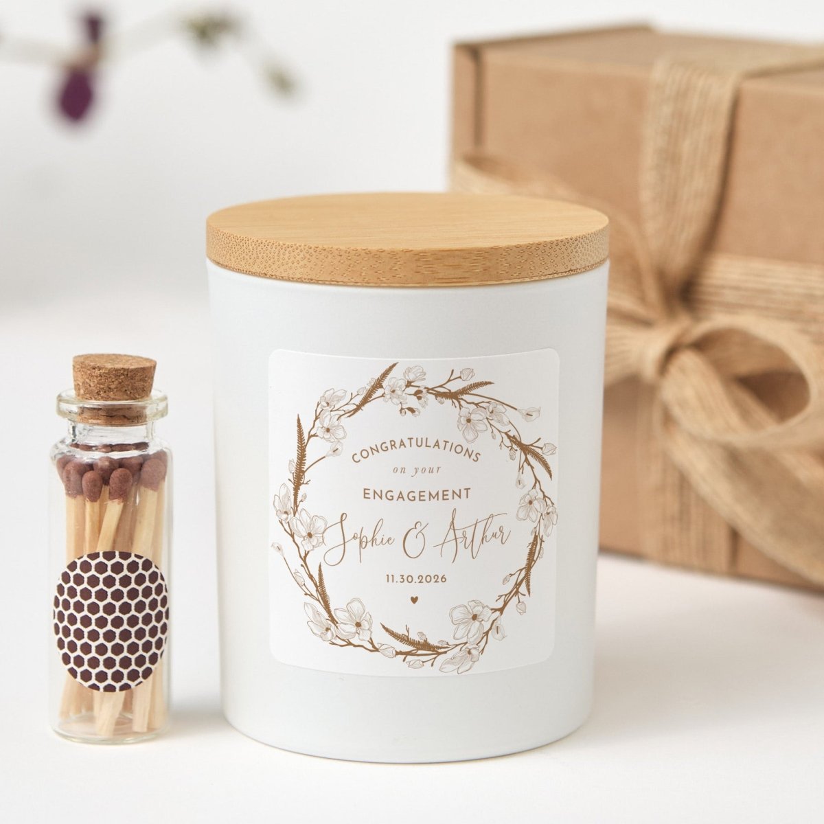 Personalized Engagement Candle Gift, Floral Couple Keepsake for Bridal Shower Proposal or Wedding Celebration