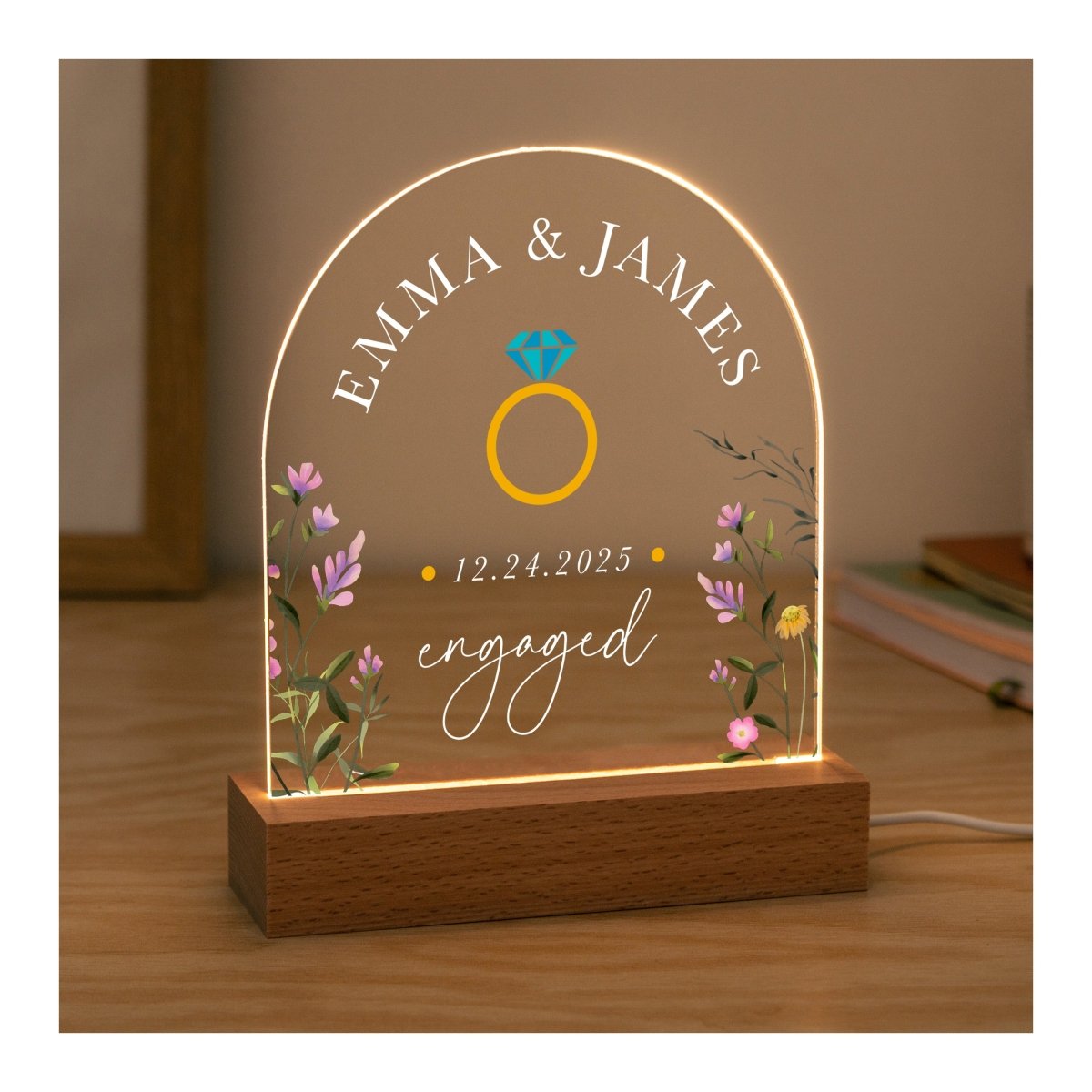 Personalized Engagement LED Night Light Keepsake, Custom Names & Date with Wooden Base, Proposal Gift