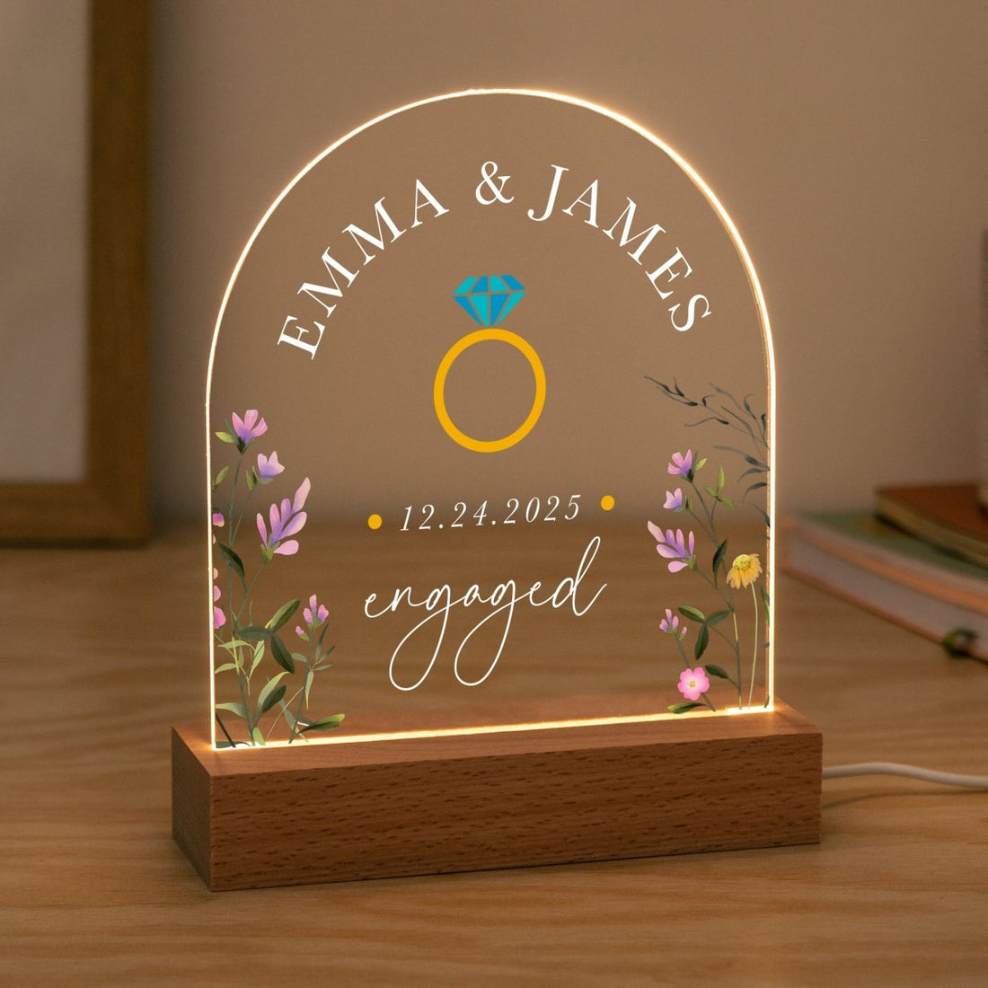 Personalized Engagement LED Night Light Keepsake, Custom Names & Date with Wooden Base, Proposal Gift