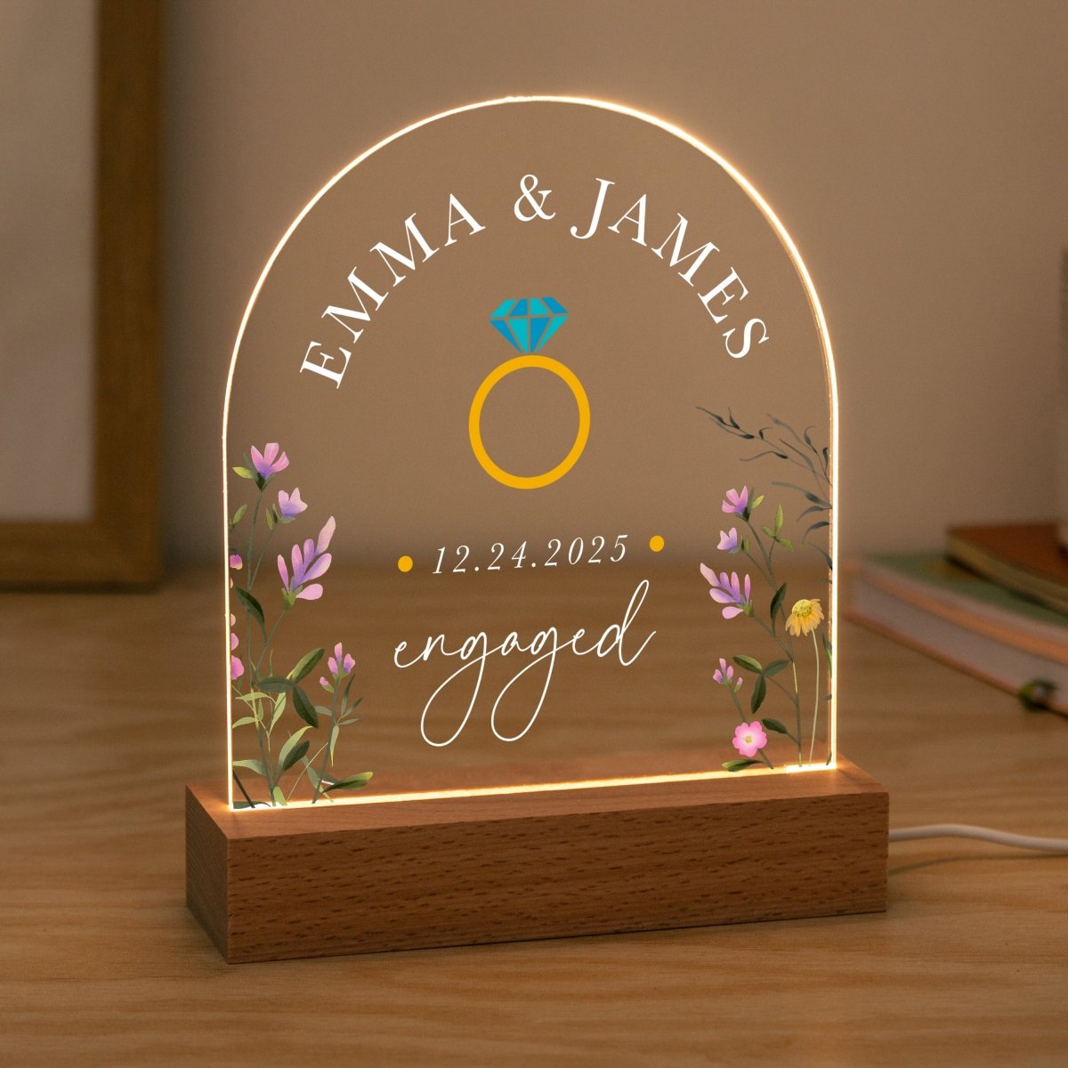 Personalized Engagement LED Night Light Keepsake, Custom Names & Date with Wooden Base, Proposal Gift