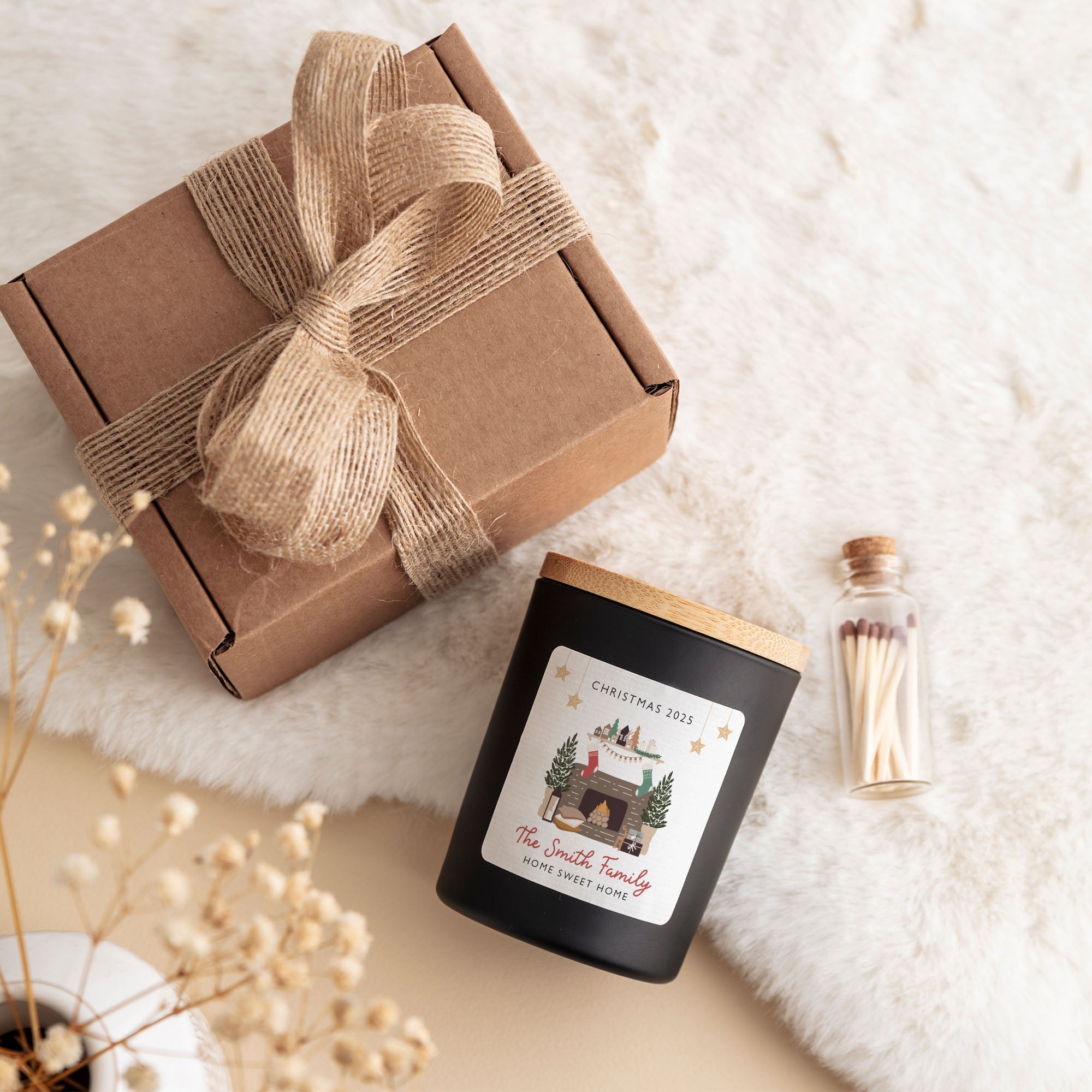 Personalized Family Christmas Candle | Custom Fireplace Candle Gift Box | Holiday Keepsake Gift for Families