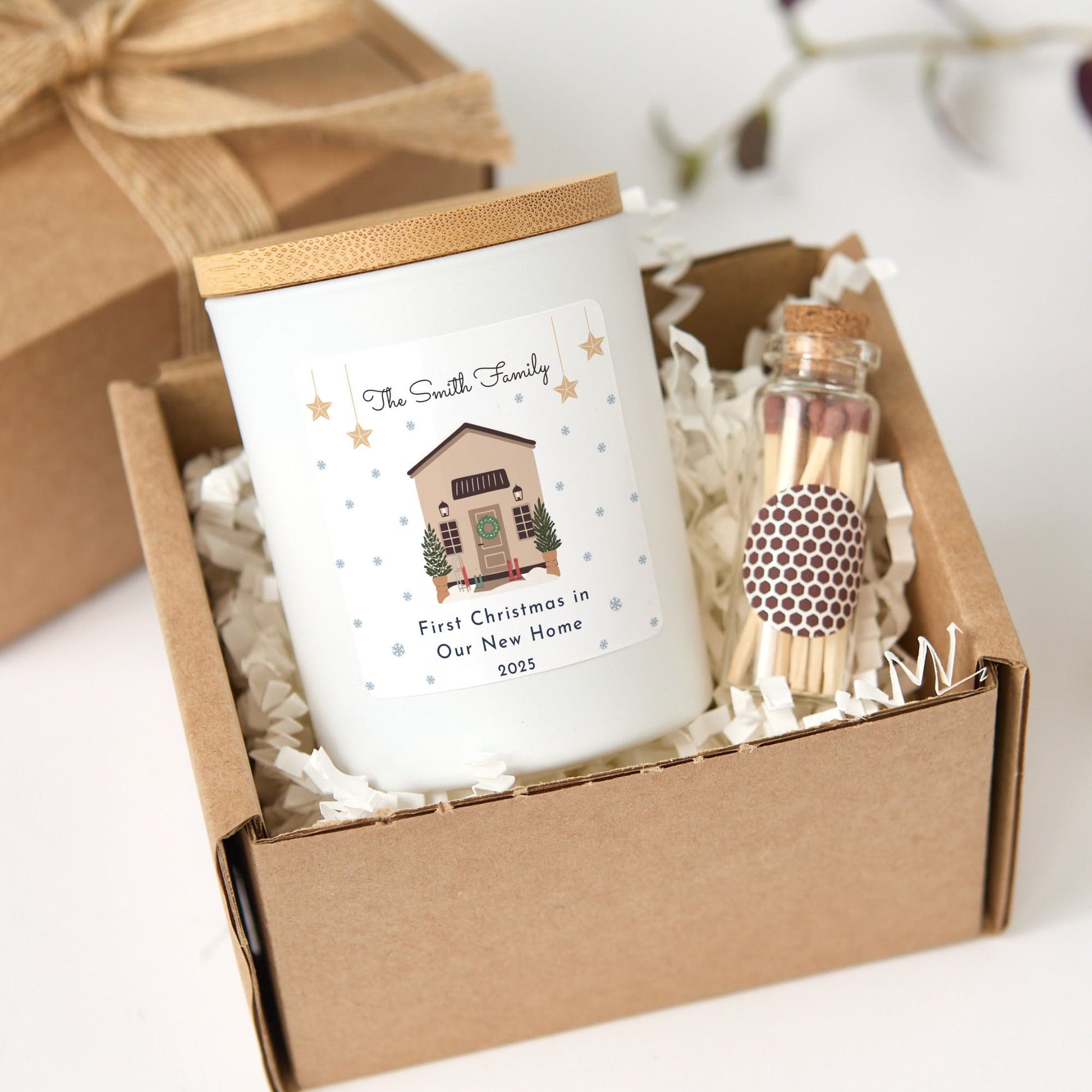 Personalized Family Christmas Candle | Custom House Candle Gift Box with Matches | Holiday Keepsake Gift for Families