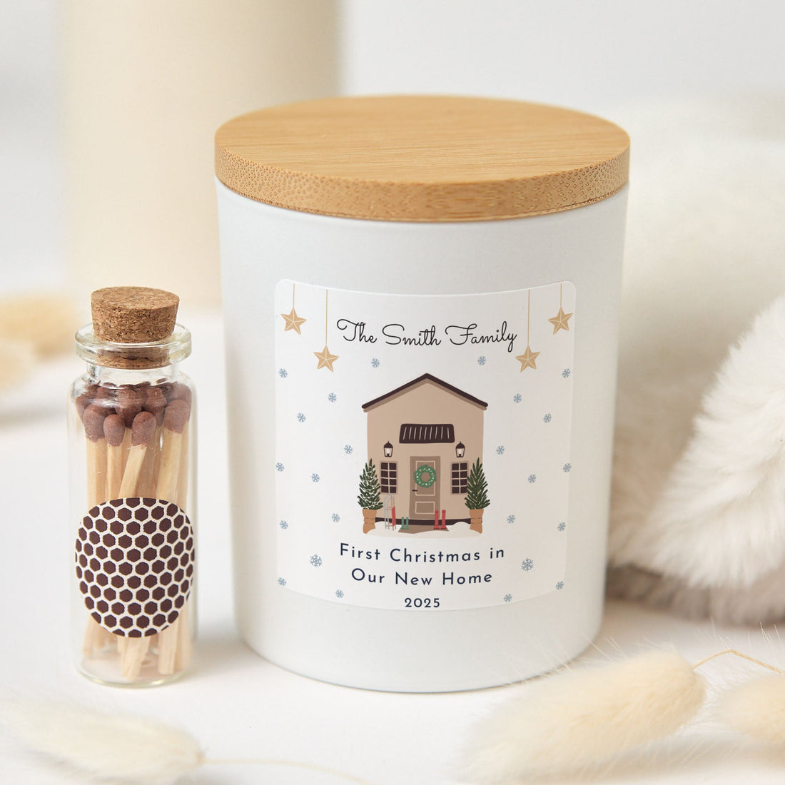 Personalized Family Christmas Candle | Custom House Candle Gift Box with Matches | Holiday Keepsake Gift for Families