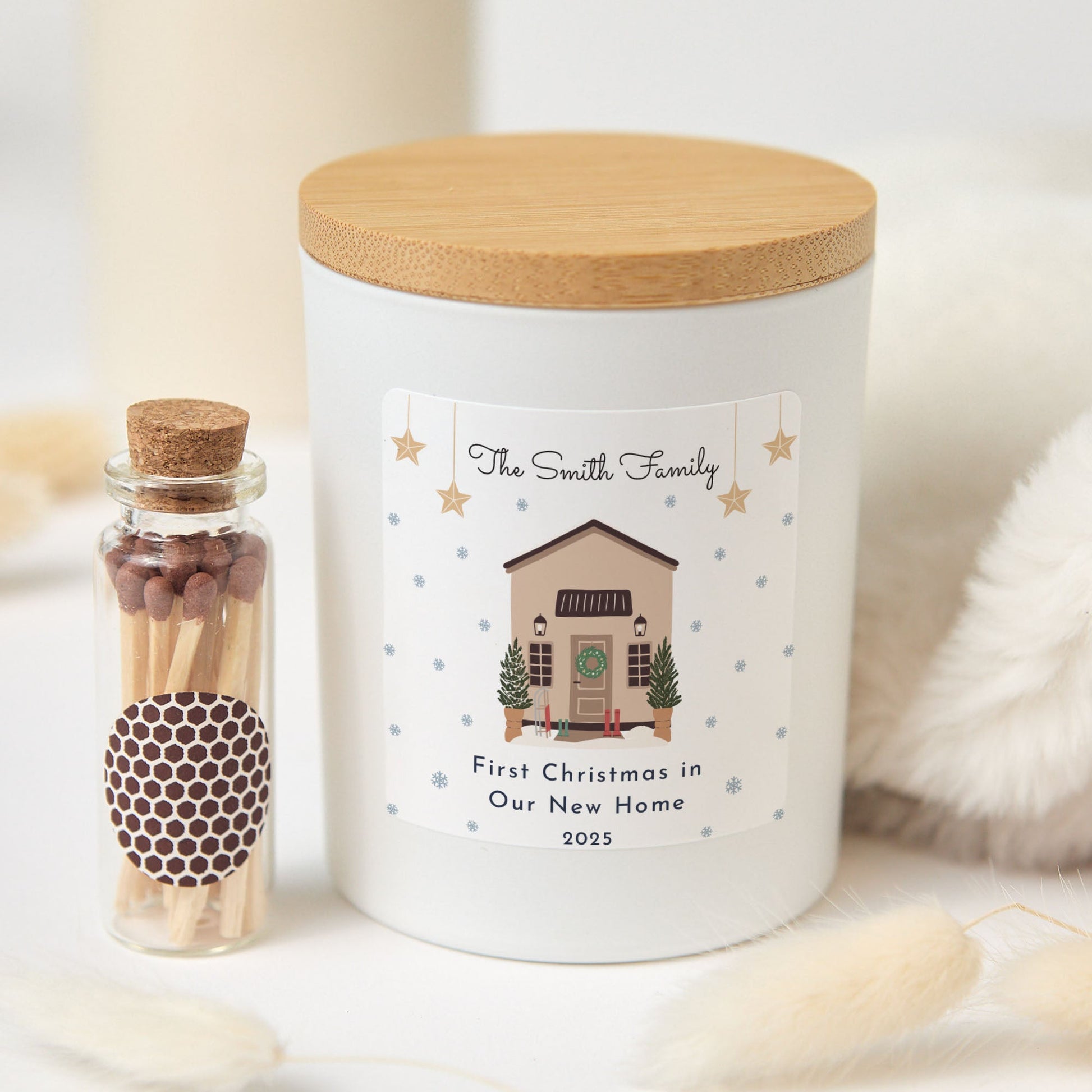 Personalized Family Christmas Candle | Custom House Candle Gift Box with Matches | Holiday Keepsake Gift for Families