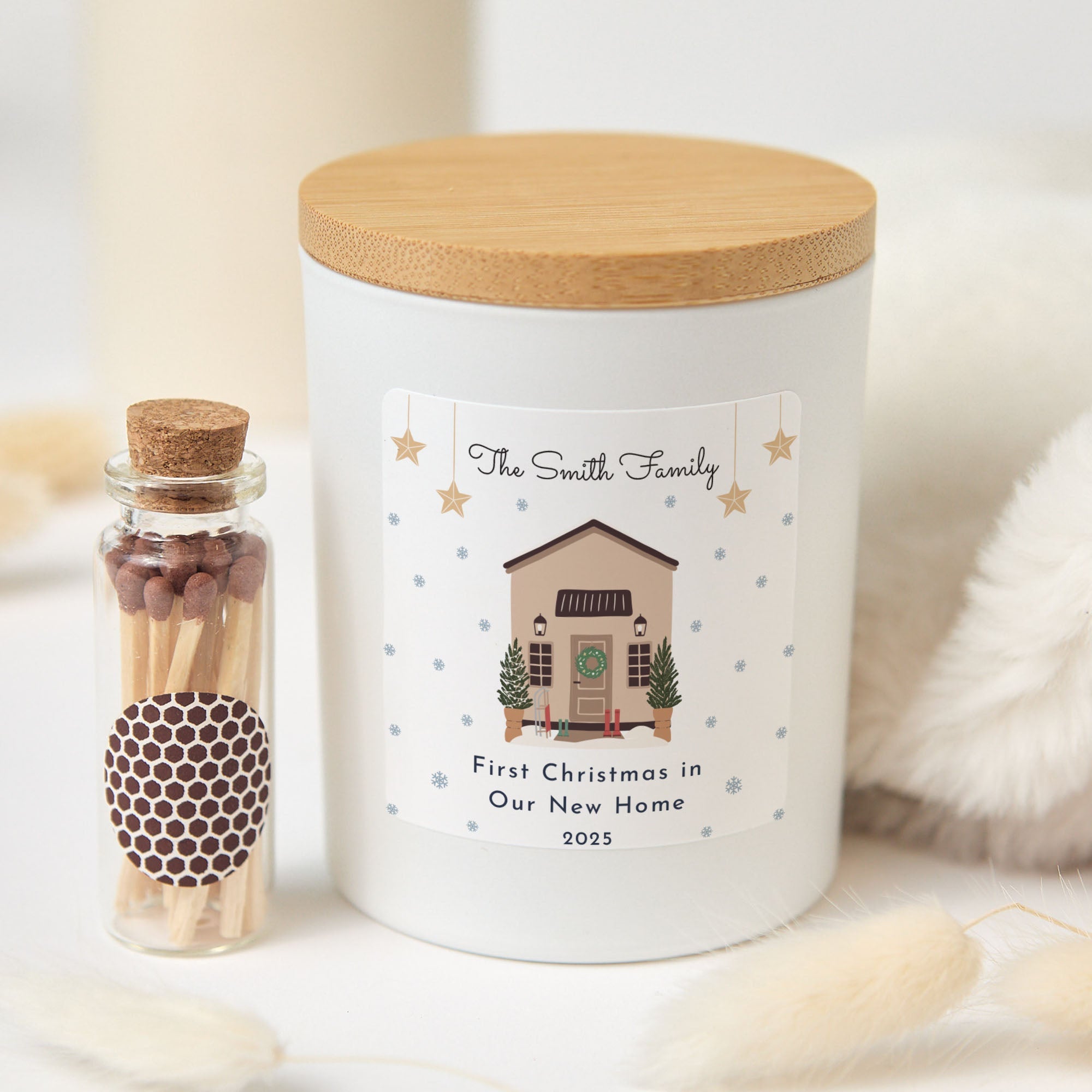 Personalized Family Christmas Candle | Custom House Candle Gift Box with Matches | Holiday Keepsake Gift for Families