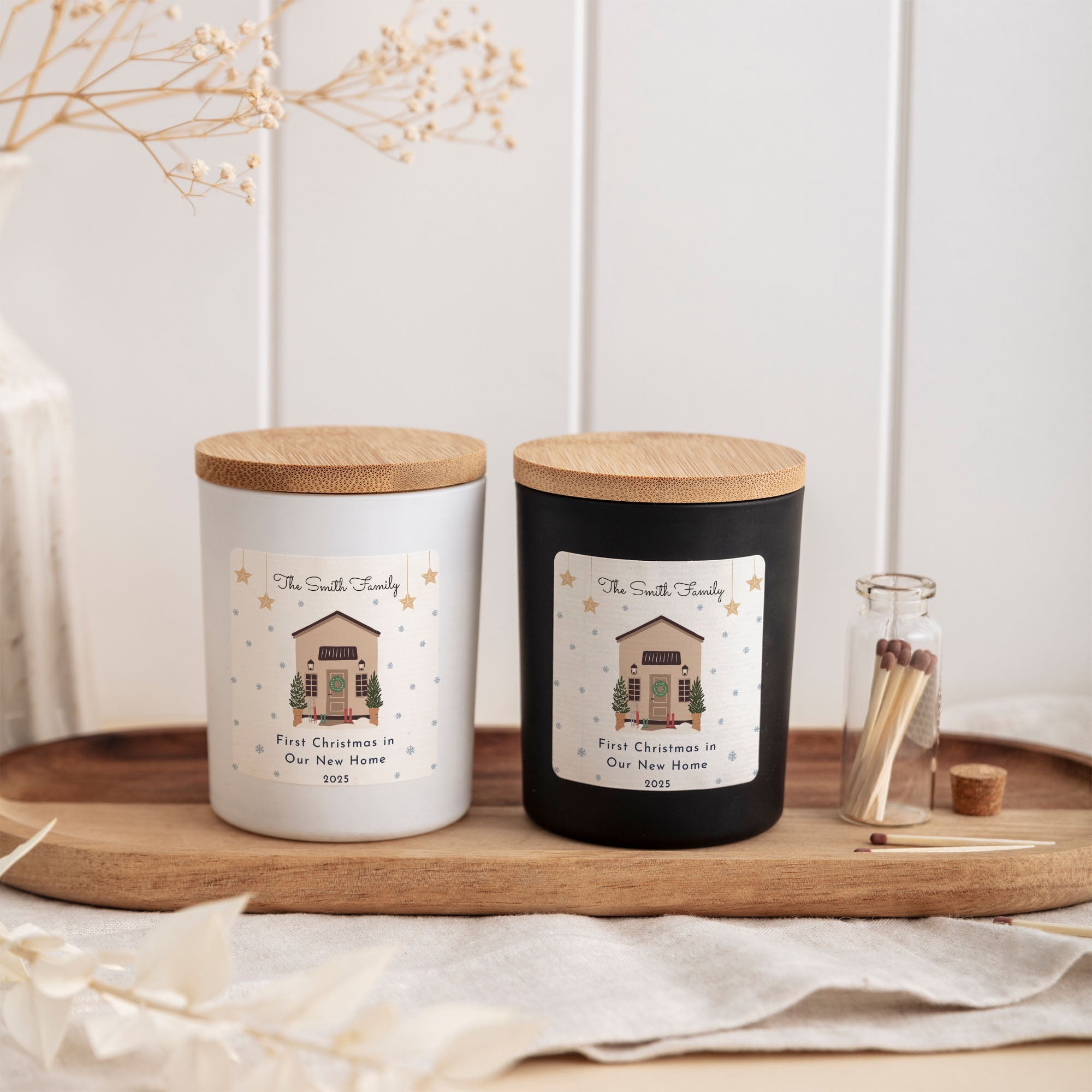 Personalized Family Christmas Candle | Custom House Candle Gift Box with Matches | Holiday Keepsake Gift for Families