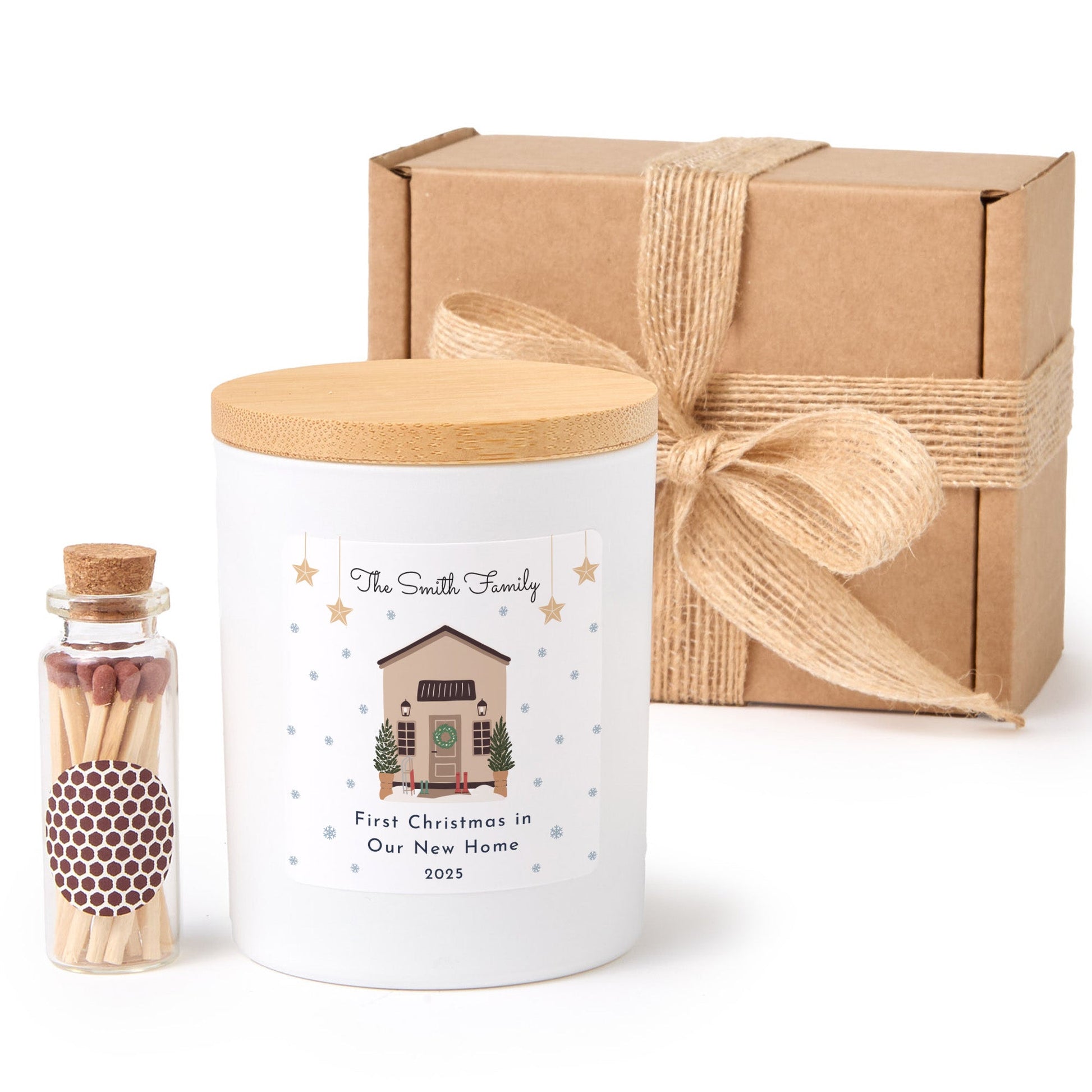 Personalized Family Christmas Candle | Custom House Candle Gift Box with Matches | Holiday Keepsake Gift for Families