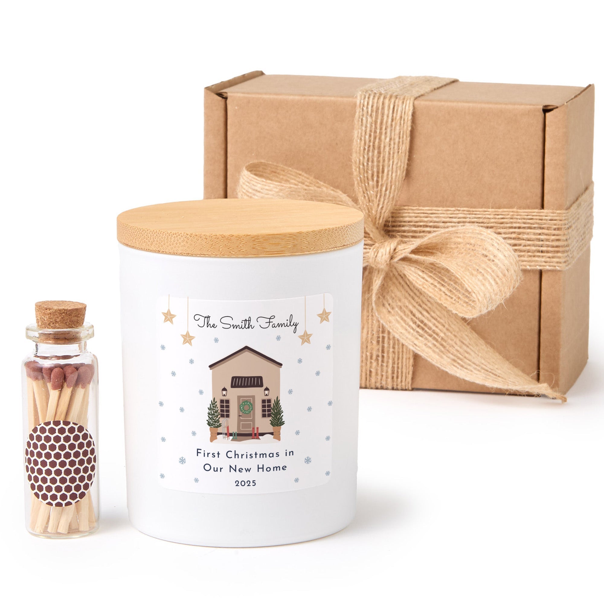 Personalized Family Christmas Candle | Custom House Candle Gift Box with Matches | Holiday Keepsake Gift for Families