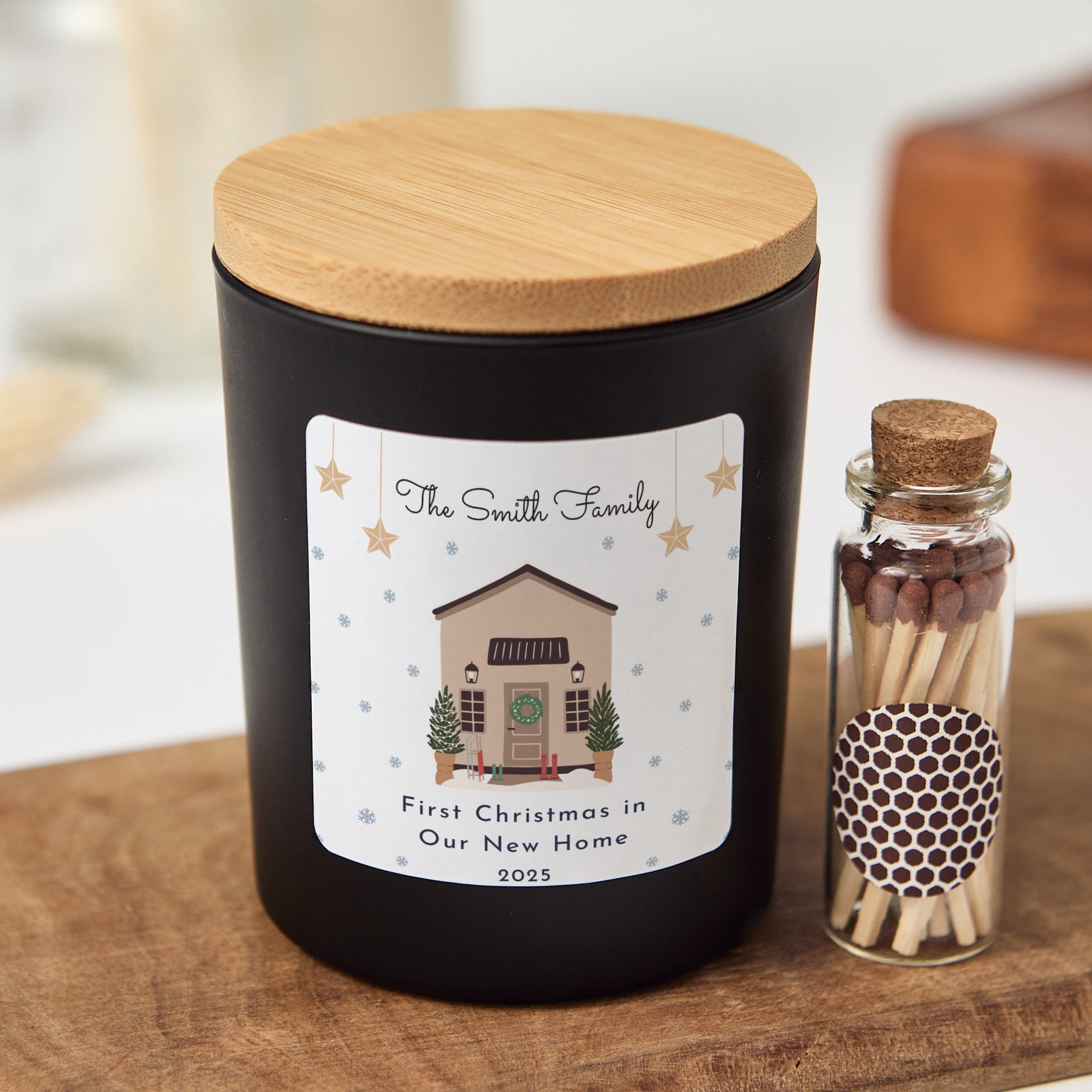 Personalized Family Christmas Candle | Custom House Candle Gift Box with Matches | Holiday Keepsake Gift for Families