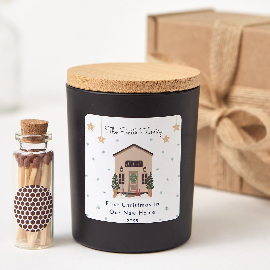 Personalized Family Christmas Candle | Custom House Candle Gift Box with Matches | Holiday Keepsake Gift for Families
