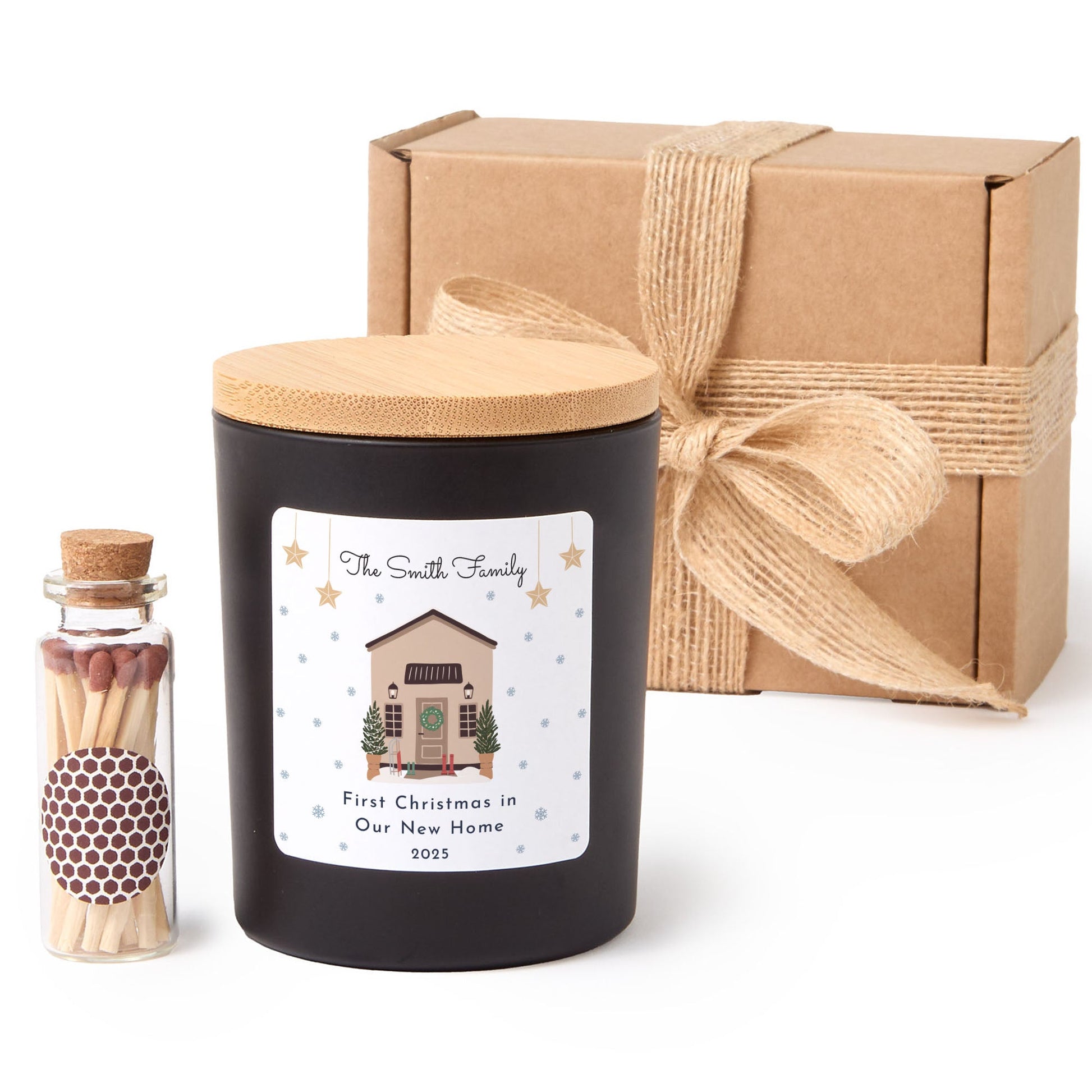 Personalized Family Christmas Candle | Custom House Candle Gift Box with Matches | Holiday Keepsake Gift for Families