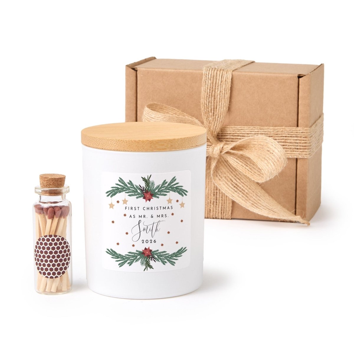 Personalized First Christmas as Mr. & Mrs. Candle, Newlywed Holiday Gift with Box, Matches and Wedding Keepsake