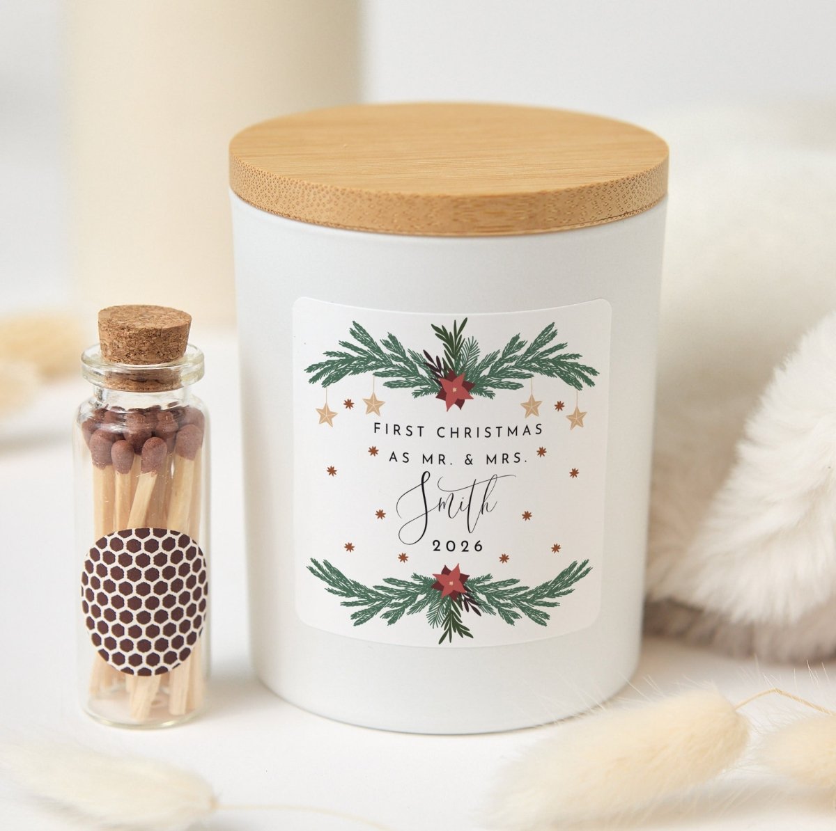 Personalized First Christmas as Mr. & Mrs. Candle, Newlywed Holiday Gift with Box, Matches and Wedding Keepsake