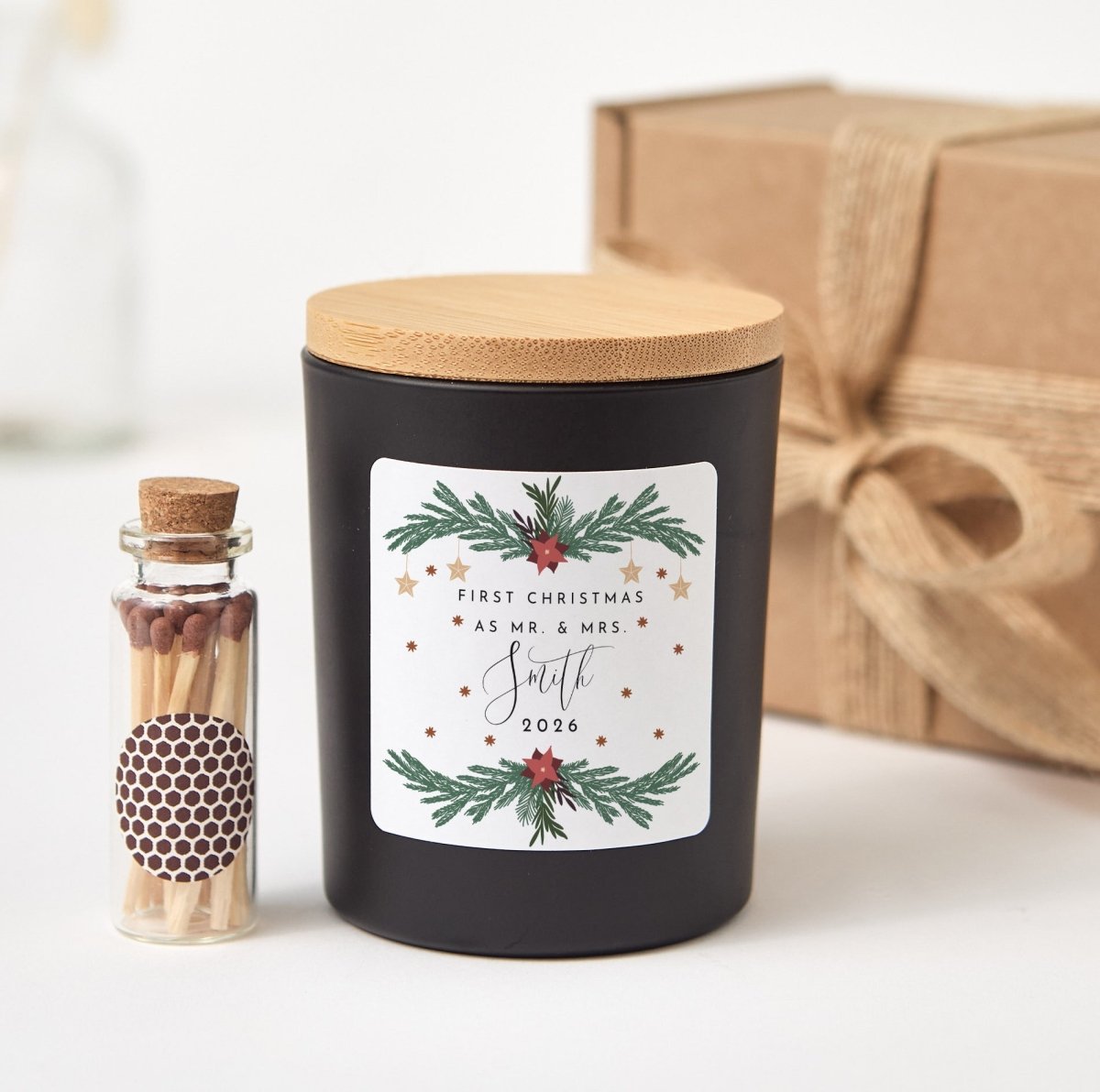 Personalized First Christmas as Mr. & Mrs. Candle, Newlywed Holiday Gift with Box, Matches and Wedding Keepsake