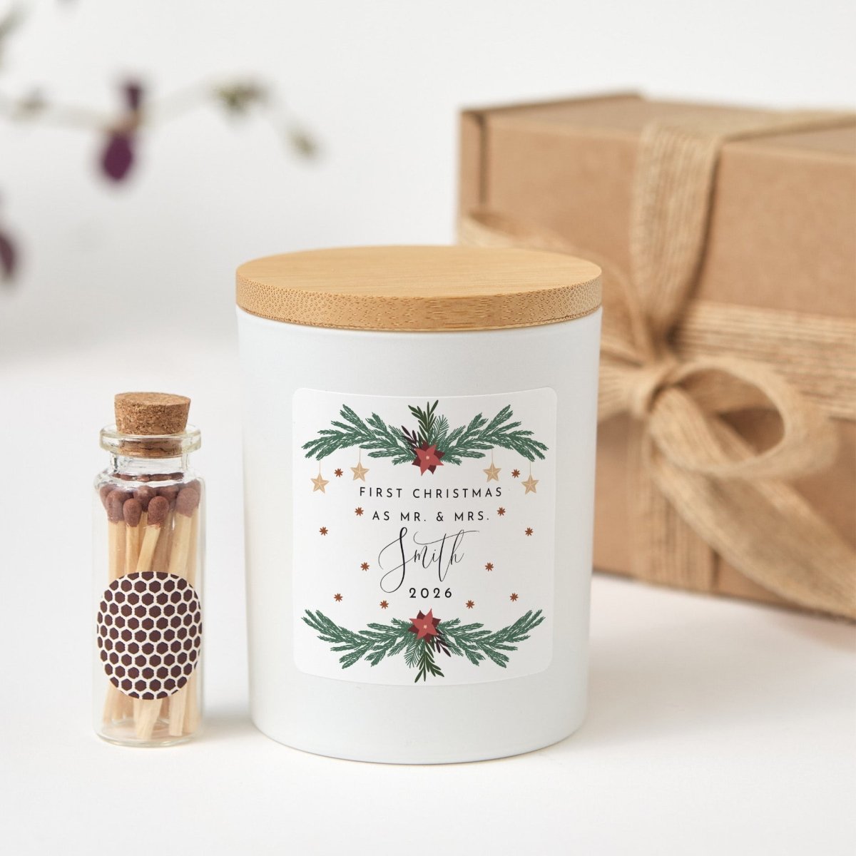 Personalized First Christmas as Mr. & Mrs. Candle, Newlywed Holiday Gift with Box, Matches and Wedding Keepsake