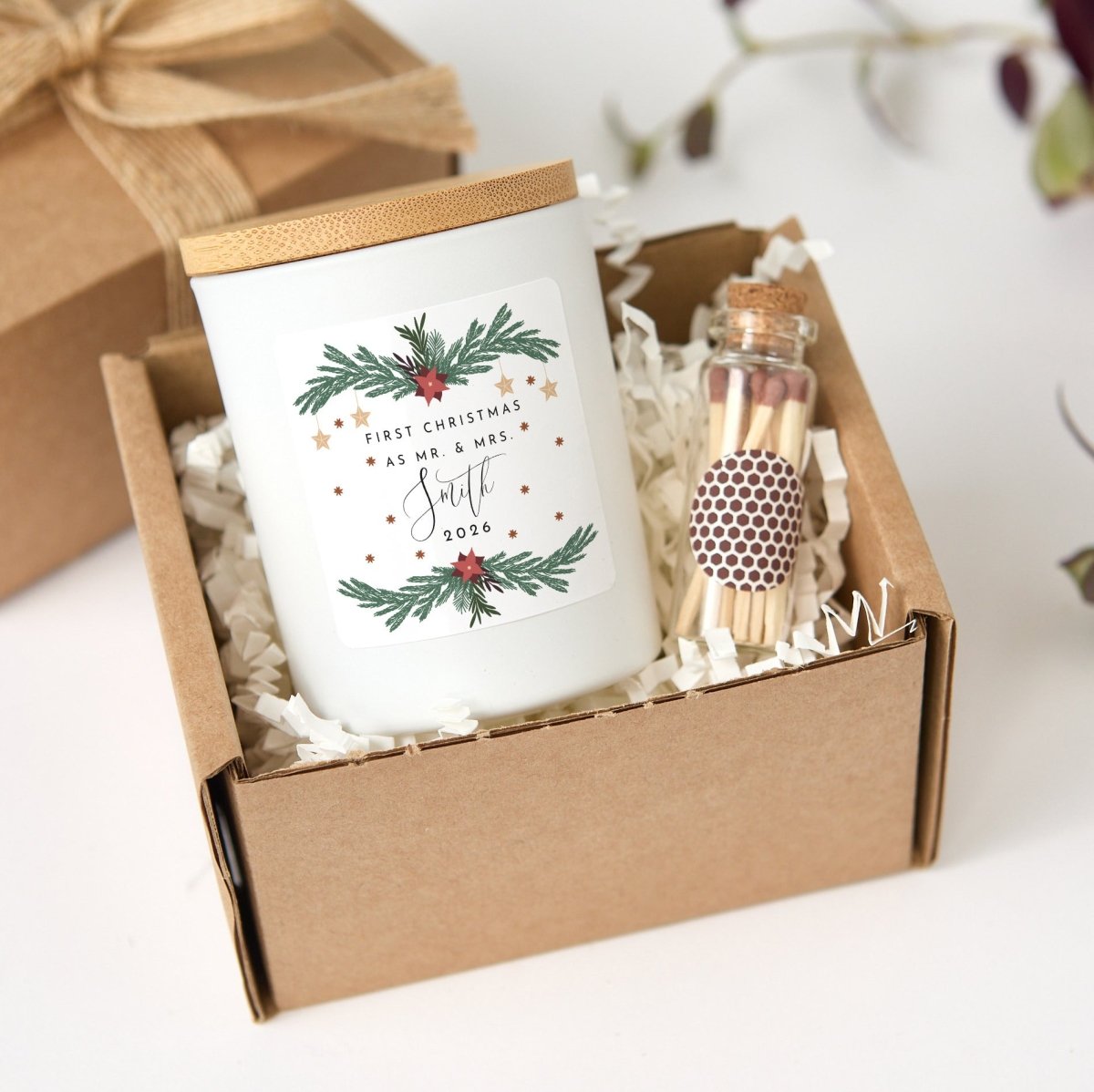Personalized First Christmas as Mr. & Mrs. Candle, Newlywed Holiday Gift with Box, Matches and Wedding Keepsake