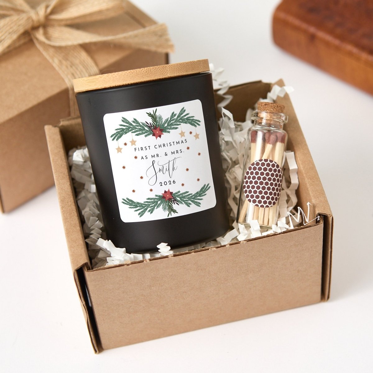 Personalized First Christmas as Mr. & Mrs. Candle, Newlywed Holiday Gift with Box, Matches and Wedding Keepsake