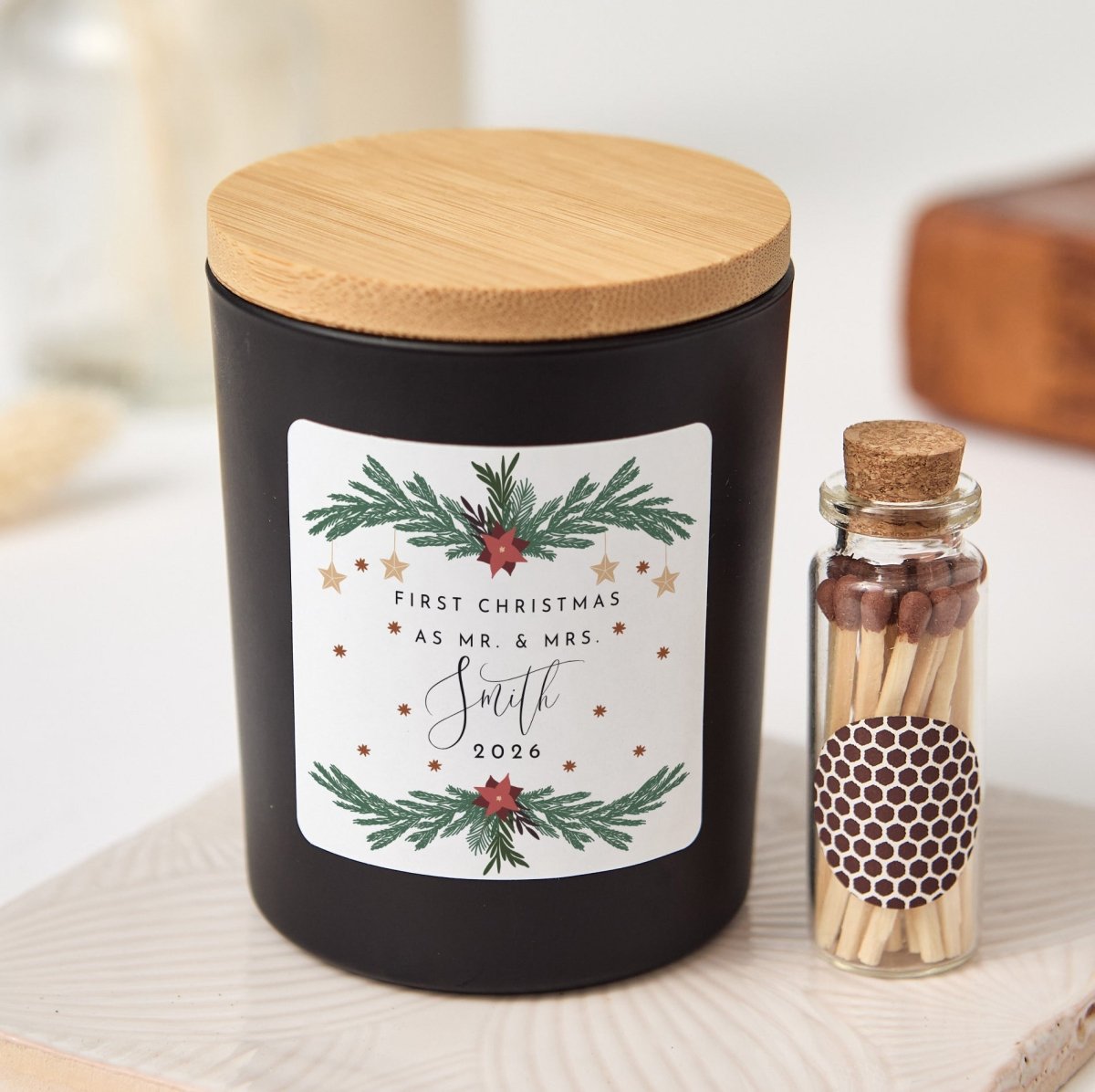 Personalized First Christmas as Mr. & Mrs. Candle, Newlywed Holiday Gift with Box, Matches and Wedding Keepsake