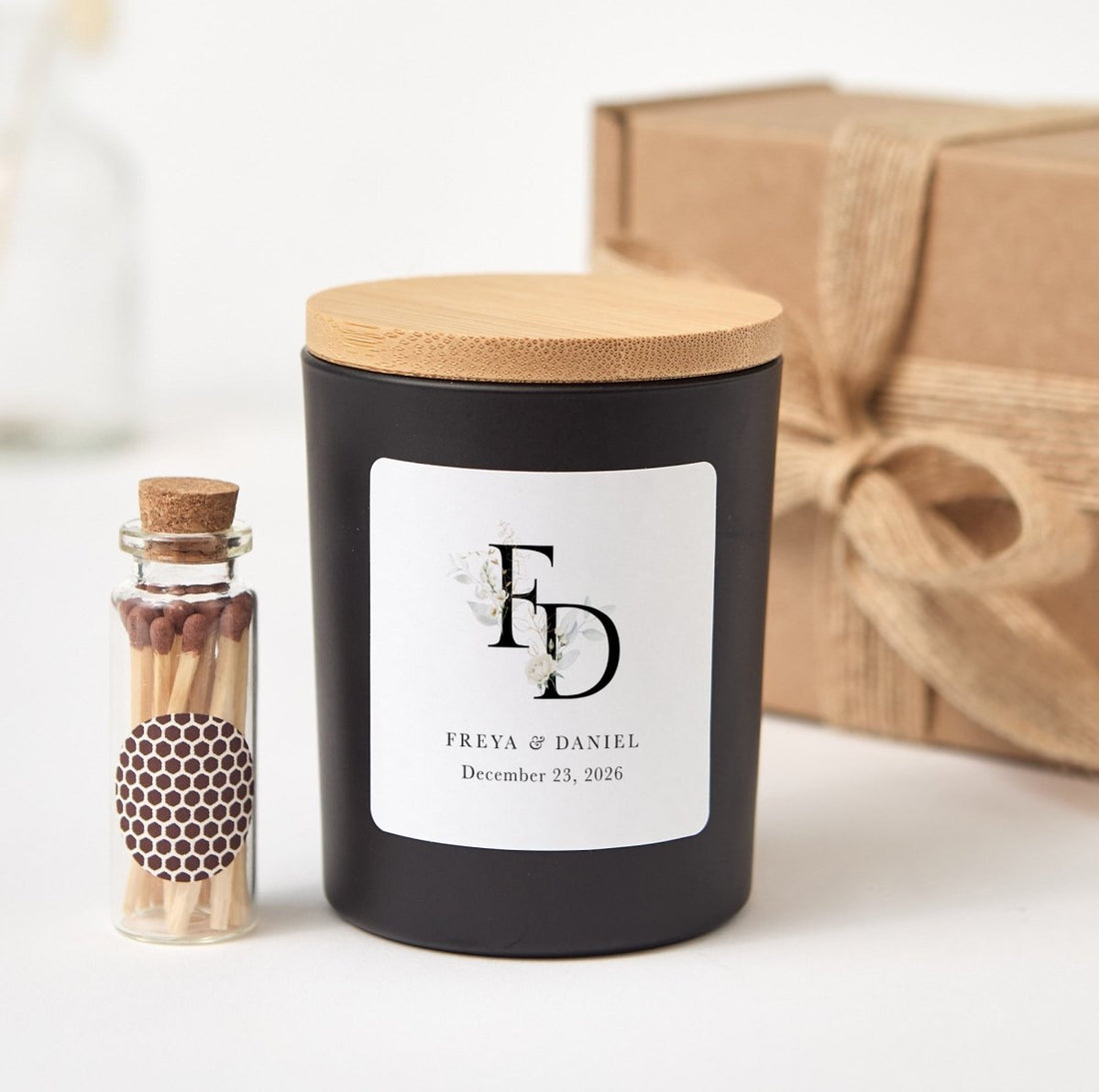 Personalized Floral Initial Wedding Candle, Custom Monogram Names And Date Gift, Elegant Favor With Box