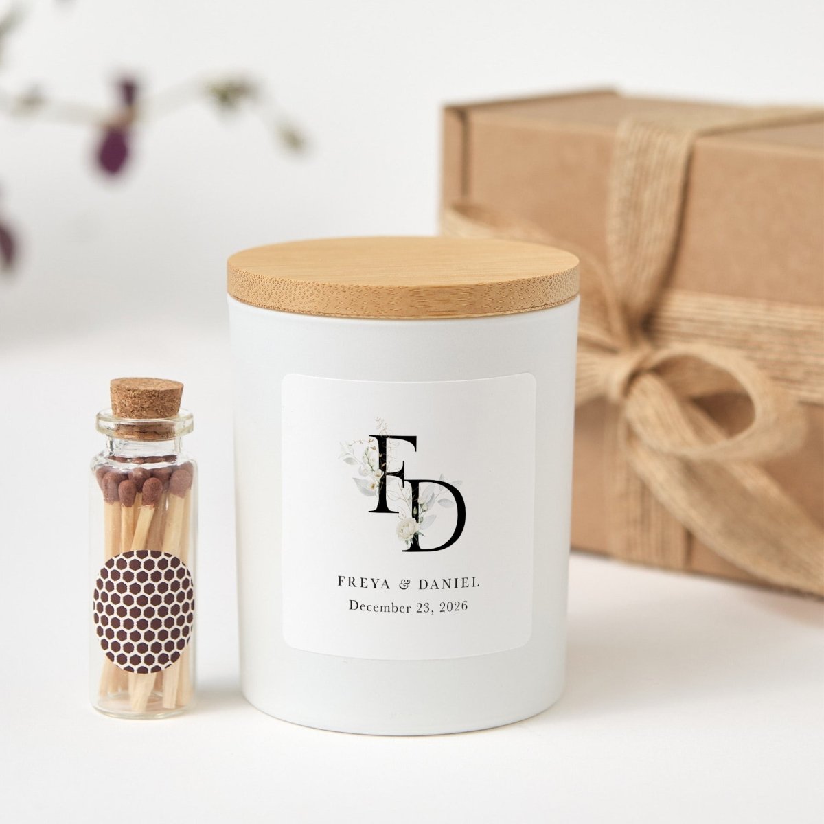 Personalized Floral Initial Wedding Candle, Custom Monogram Names And Date Gift, Elegant Favor With Box