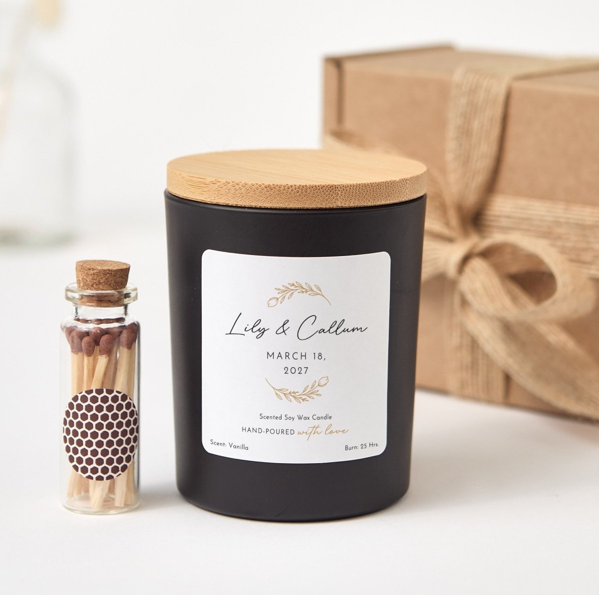 Personalized Gold Leaf Wedding Candle, Custom Couple Names And Date Favor, Elegant Bridal Keepsake With Box