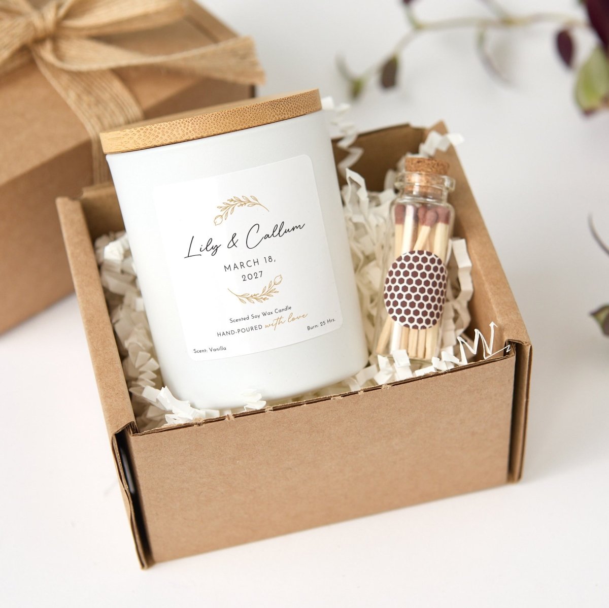 Personalized Gold Leaf Wedding Candle, Custom Couple Names And Date Favor, Elegant Bridal Keepsake With Box