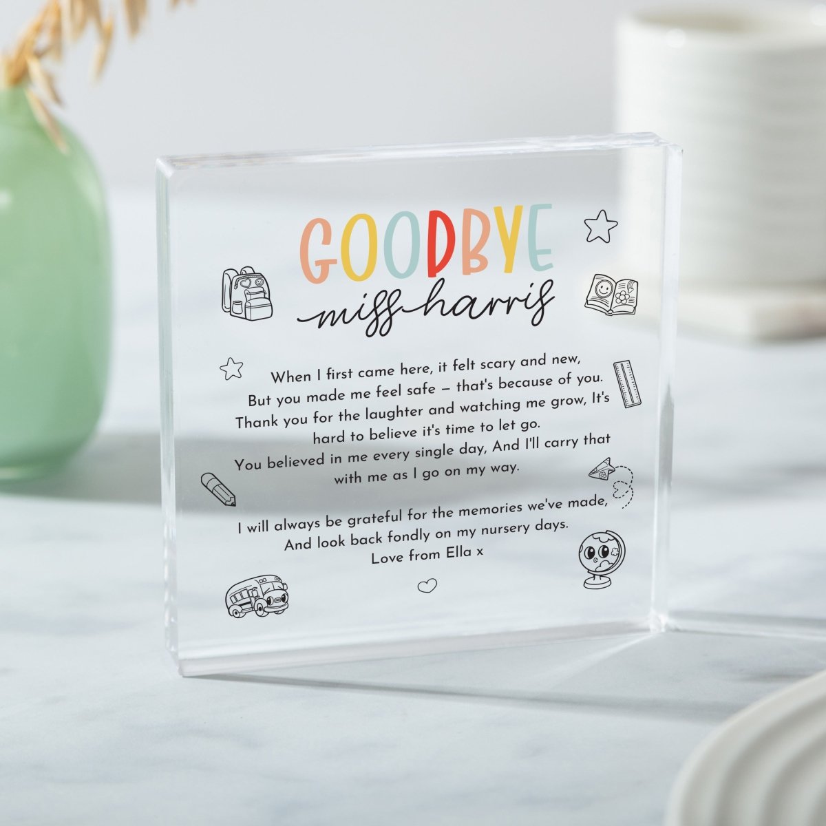 Personalized Goodbye Teacher Acrylic Plaque Gift, Farewell Poem Keepsake for Nursery Educator, Custom End of Year Present