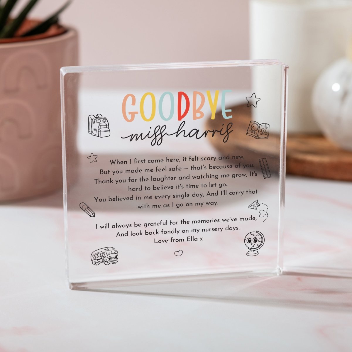 Personalized Goodbye Teacher Acrylic Plaque Gift, Farewell Poem Keepsake for Nursery Educator, Custom End of Year Present