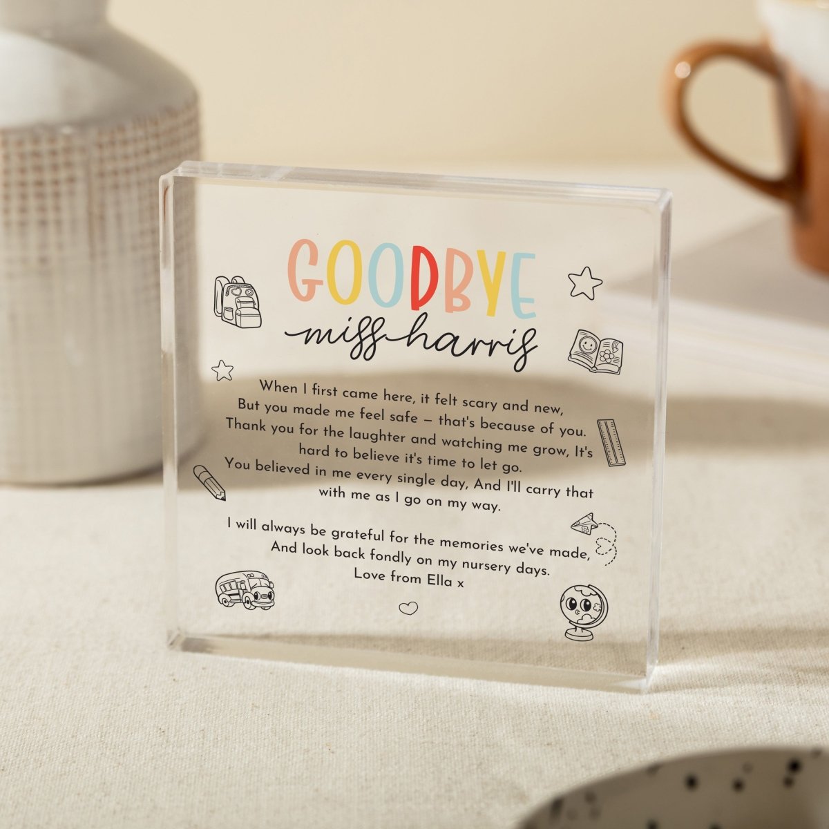 Personalized Goodbye Teacher Acrylic Plaque Gift, Farewell Poem Keepsake for Nursery Educator, Custom End of Year Present