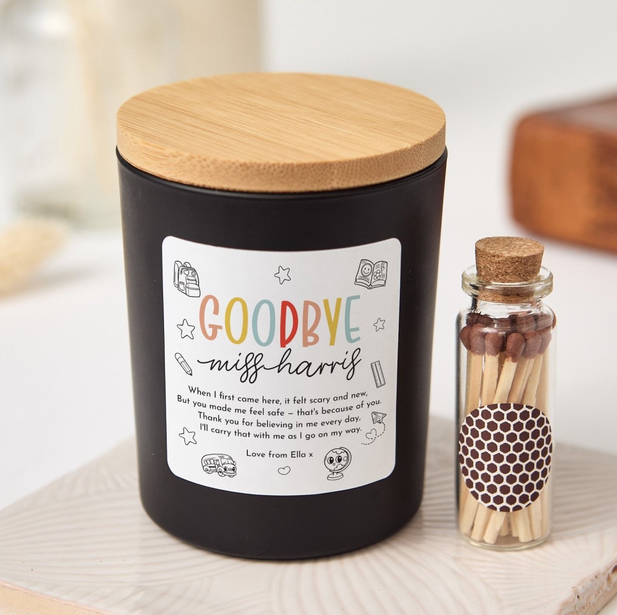 Personalized Goodbye Teacher Candle Gift, End of School Year Farewell Present from Student, Keepsake with Matches