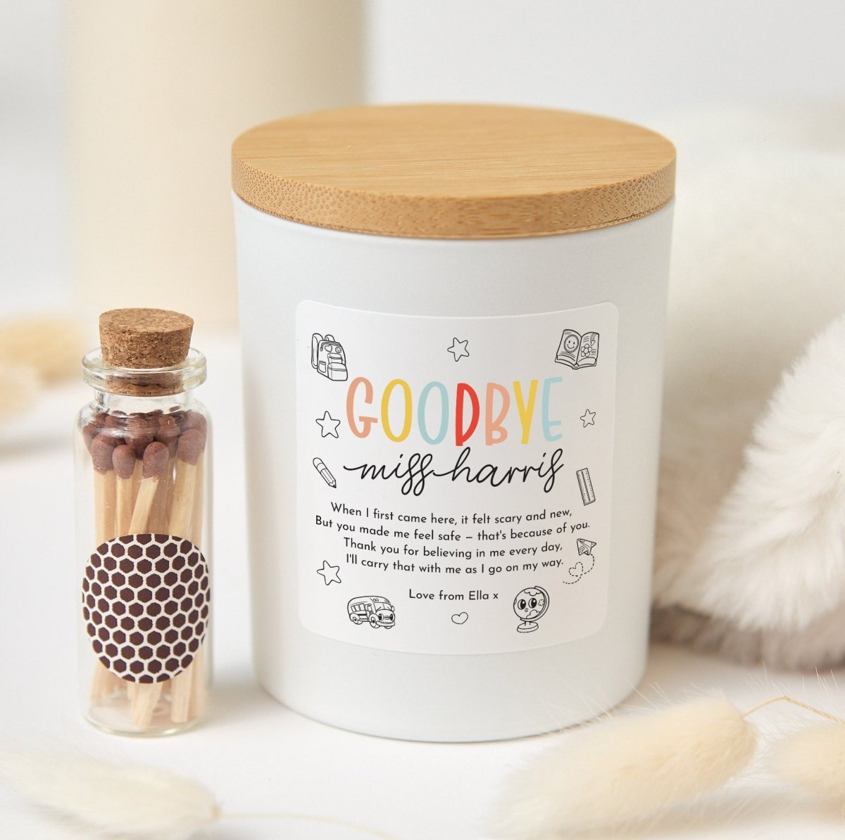 Personalized Goodbye Teacher Candle Gift, End of School Year Farewell Present from Student, Keepsake with Matches